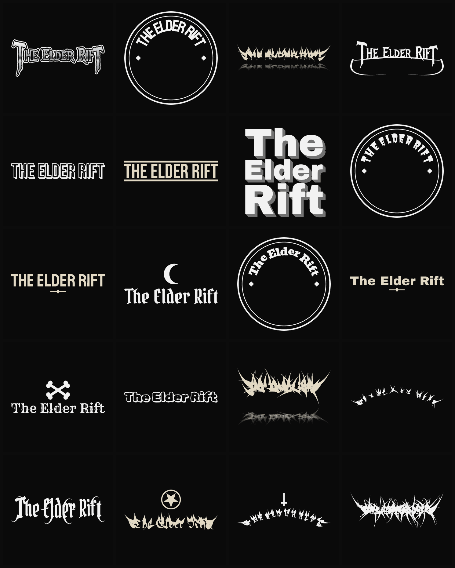 Twenty The Elder Rift band logo ideas — different faces, treatments and spike settings
