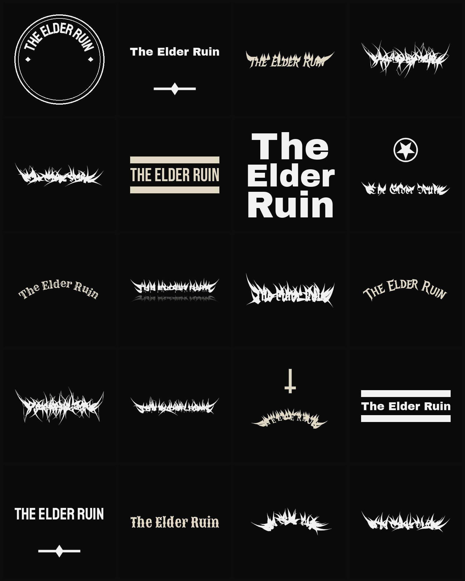 Twenty The Elder Ruin band logo ideas — different faces, treatments and spike settings