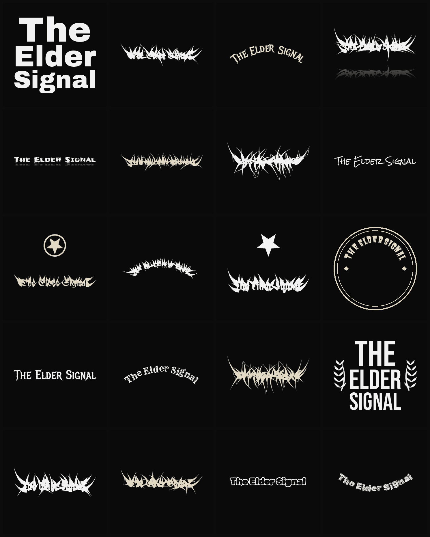 Twenty The Elder Signal band logo ideas — different faces, treatments and spike settings