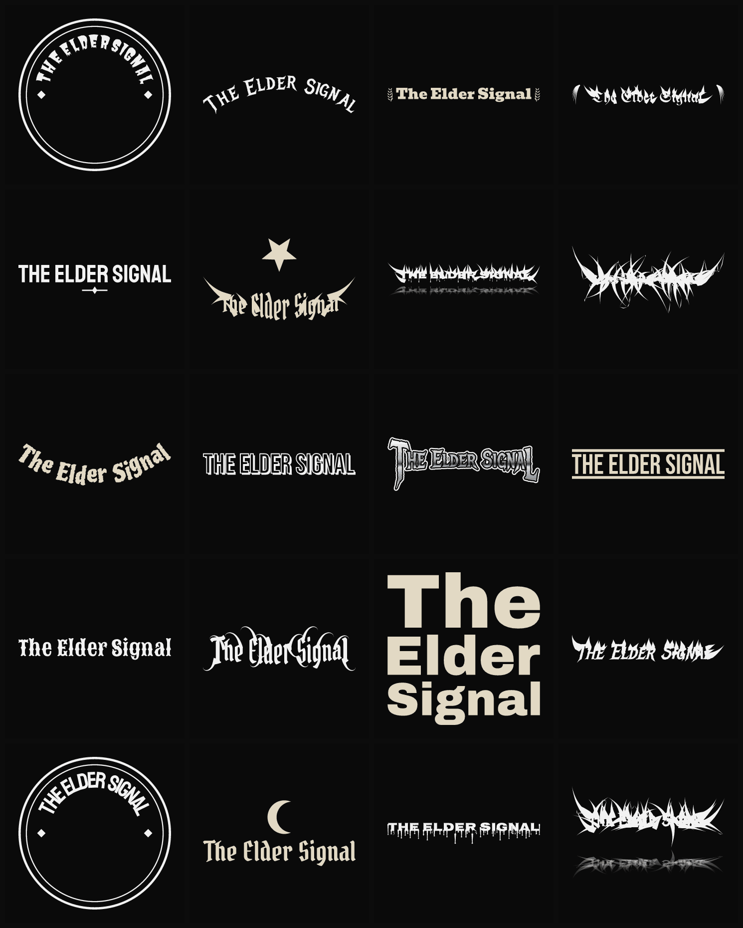 Twenty The Elder Signal band logo ideas — different faces, treatments and spike settings