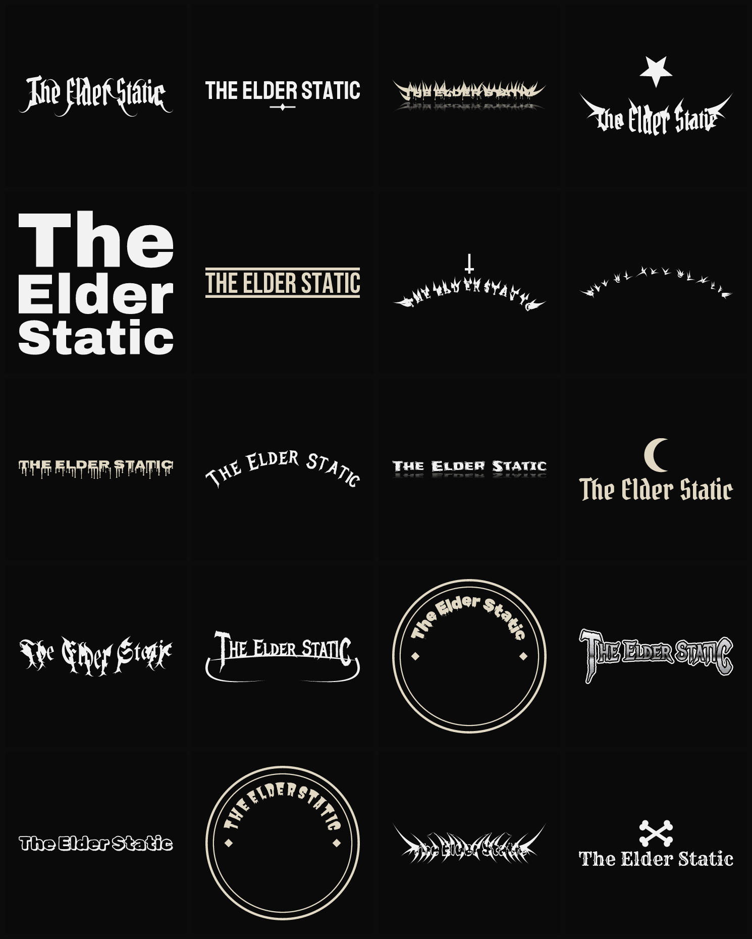 Twenty The Elder Static band logo ideas — different faces, treatments and spike settings