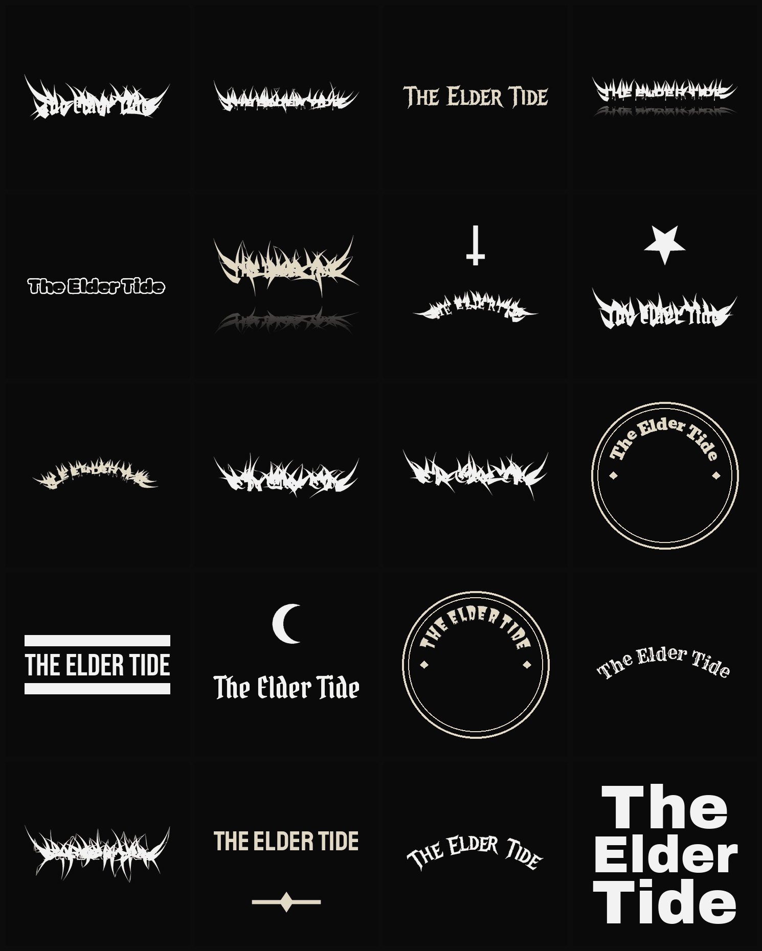 Twenty The Elder Tide band logo ideas — different faces, treatments and spike settings