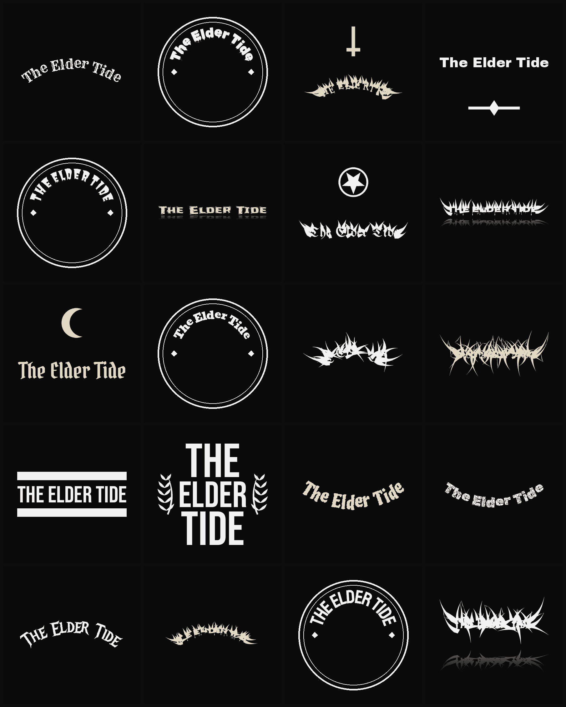Twenty The Elder Tide band logo ideas — different faces, treatments and spike settings