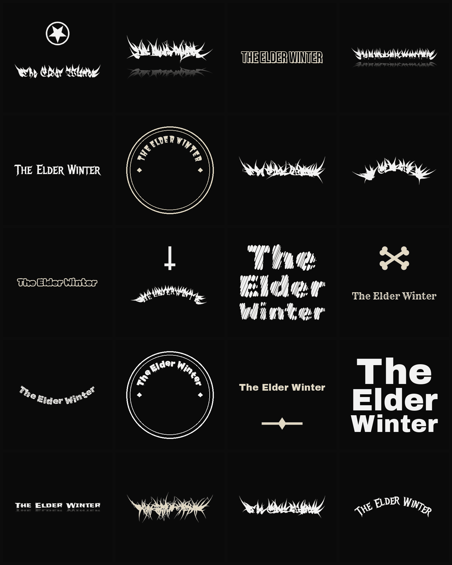 Twenty The Elder Winter band logo ideas — different faces, treatments and spike settings
