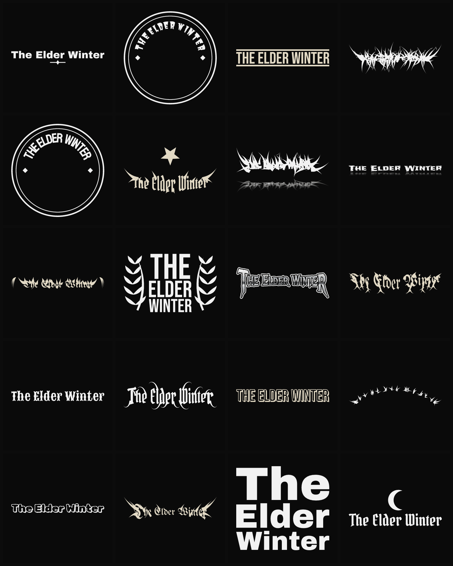 Twenty The Elder Winter band logo ideas — different faces, treatments and spike settings