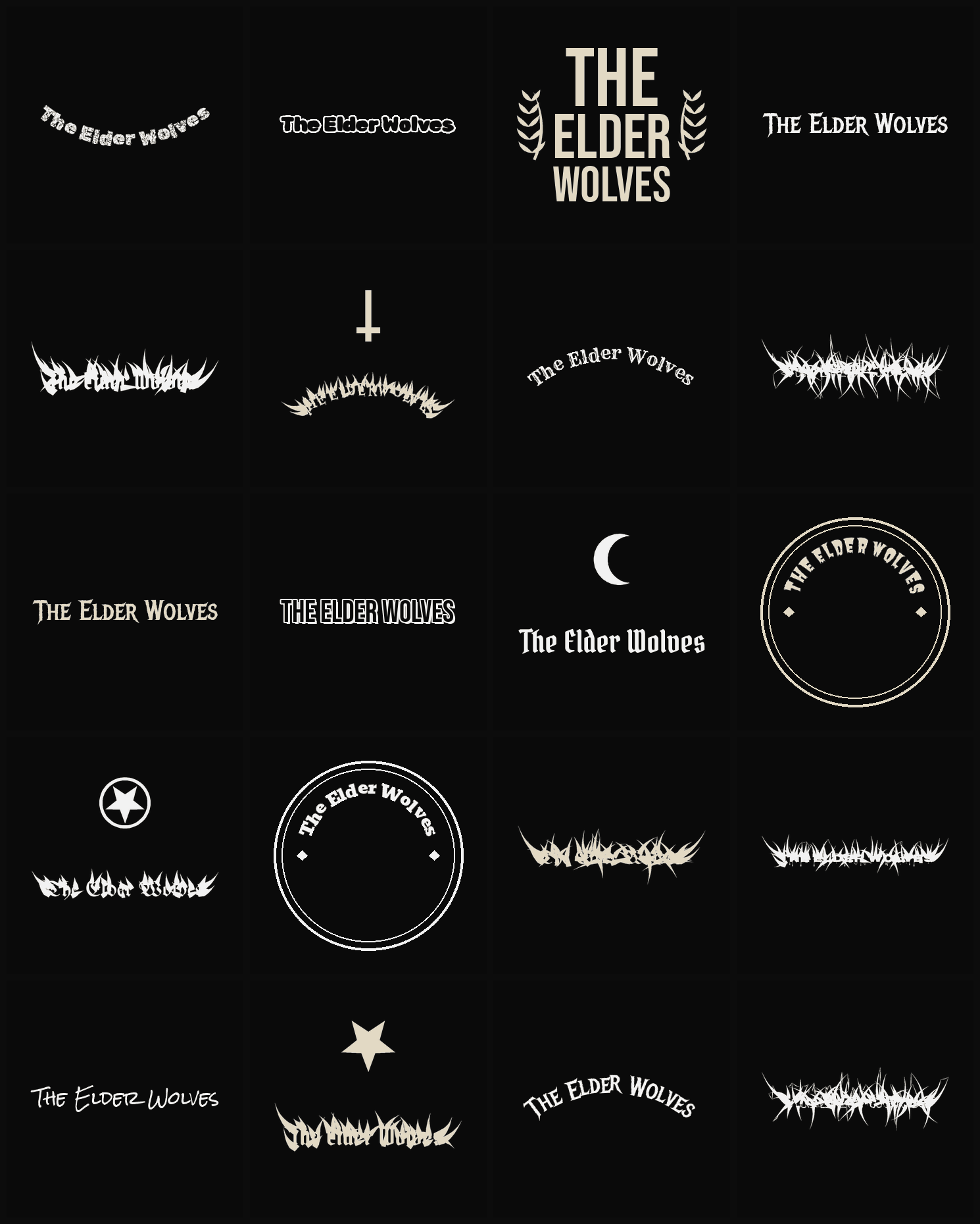 Twenty The Elder Wolves band logo ideas — different faces, treatments and spike settings
