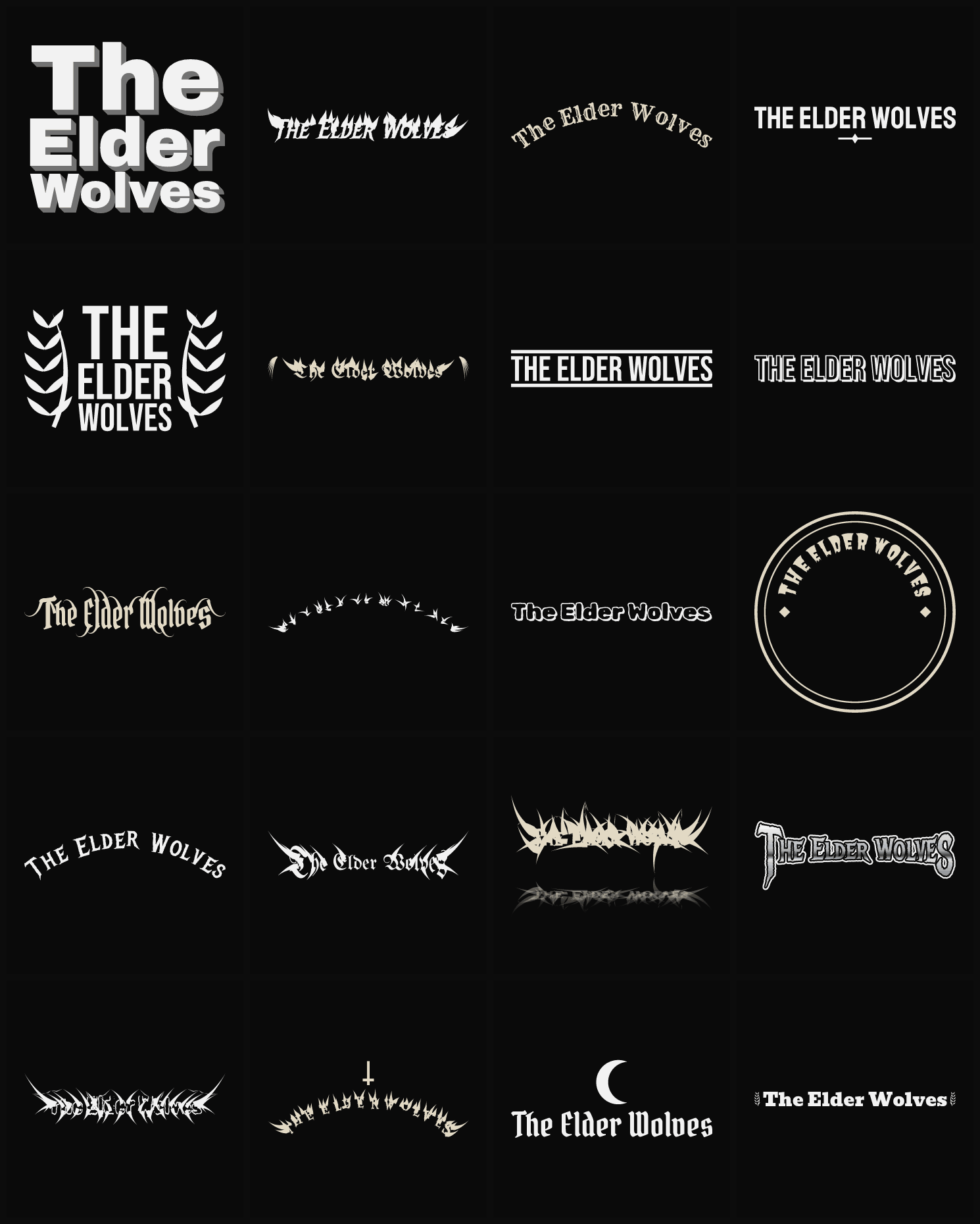 Twenty The Elder Wolves band logo ideas — different faces, treatments and spike settings