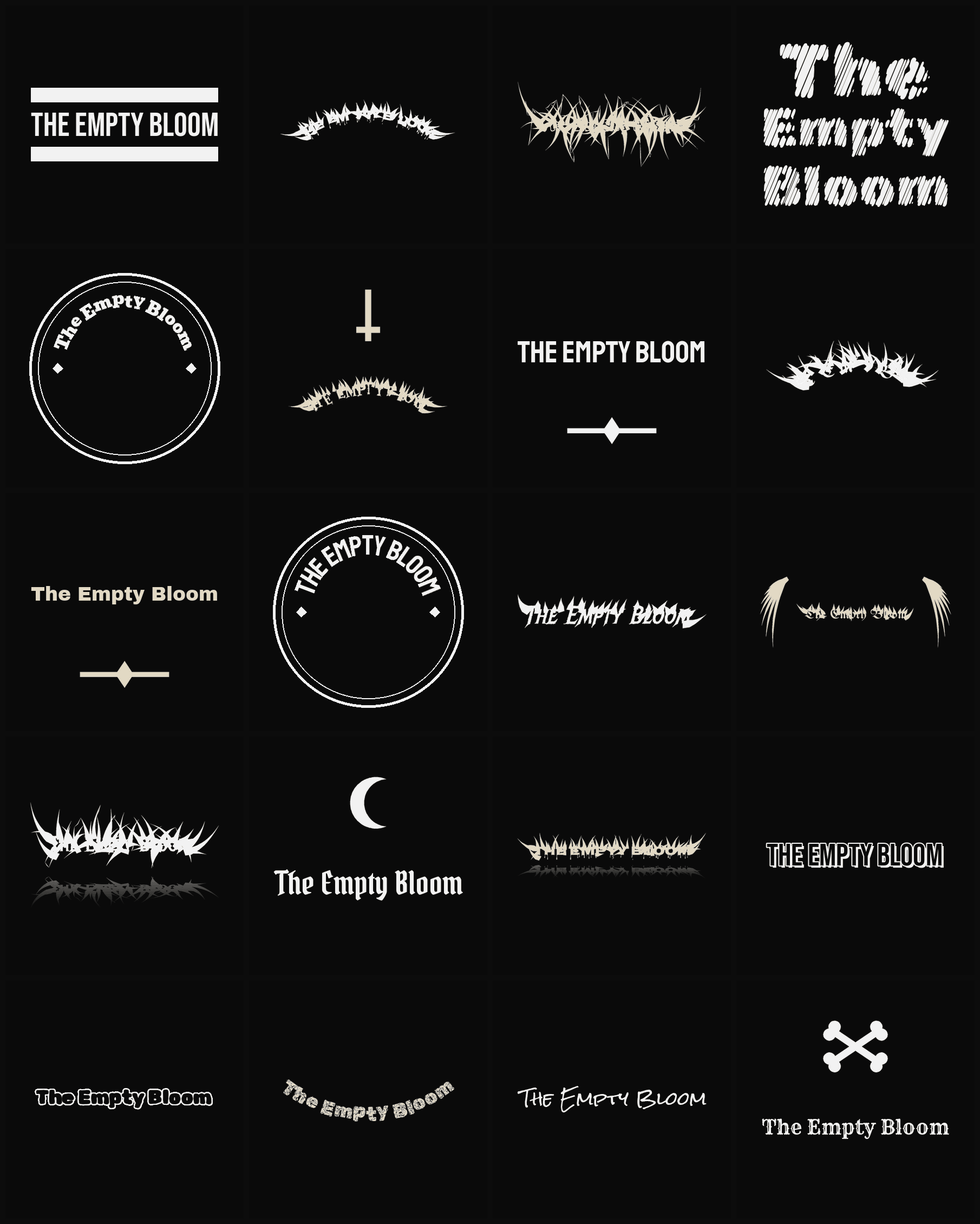 Twenty The Empty Bloom band logo ideas — different faces, treatments and spike settings