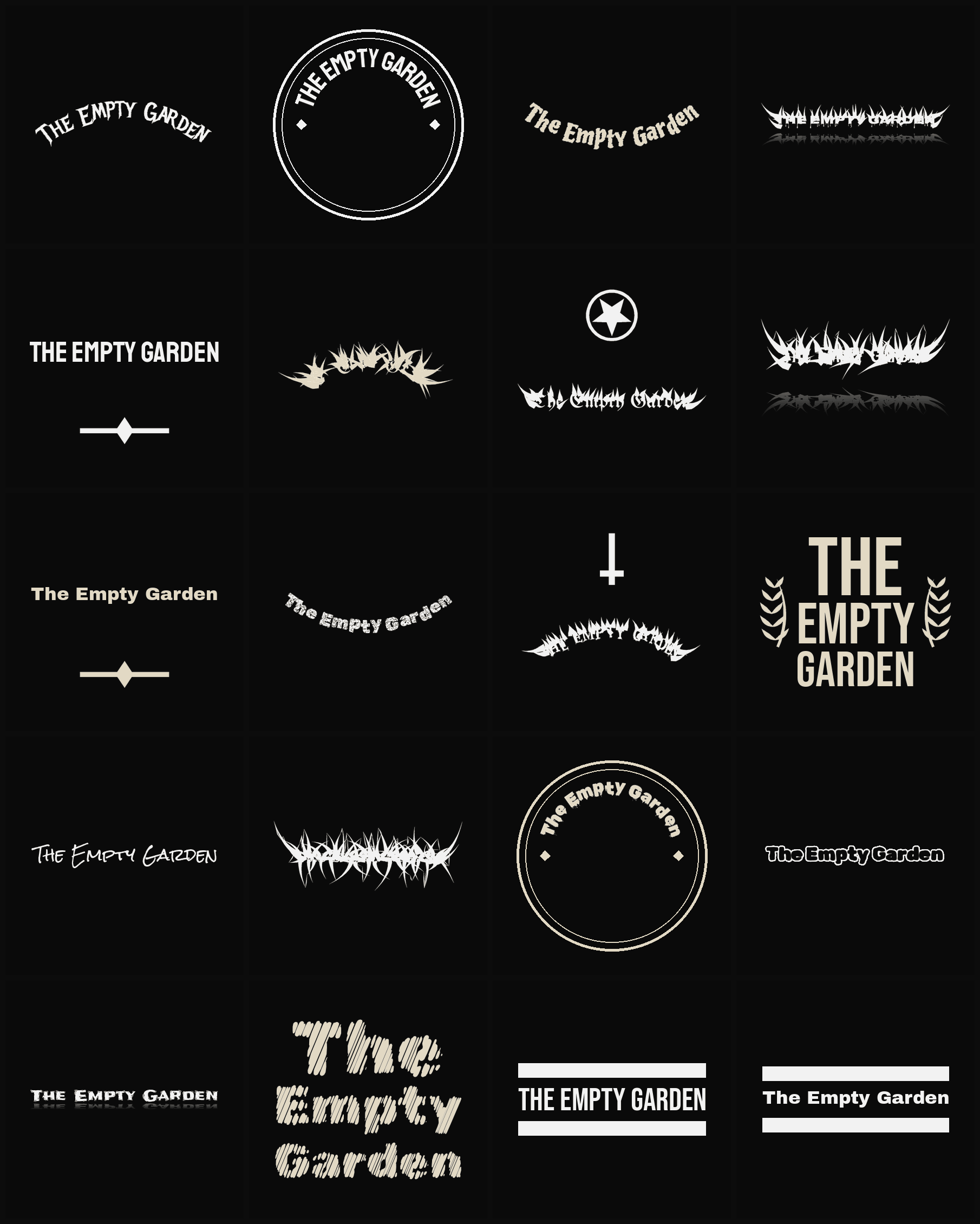 Twenty The Empty Garden band logo ideas — different faces, treatments and spike settings