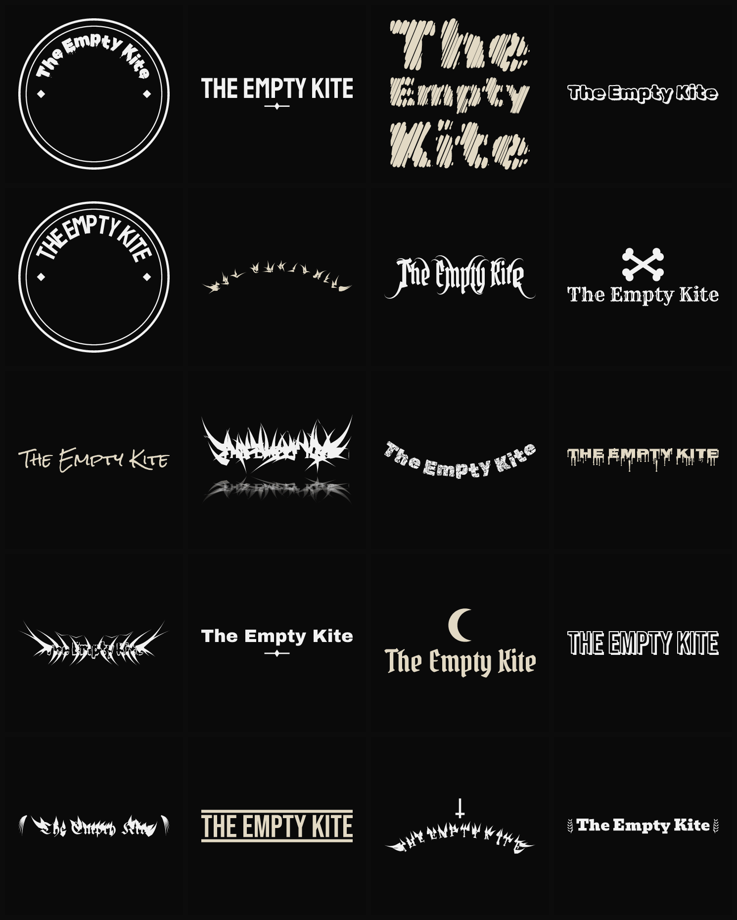 Twenty The Empty Kite band logo ideas — different faces, treatments and spike settings