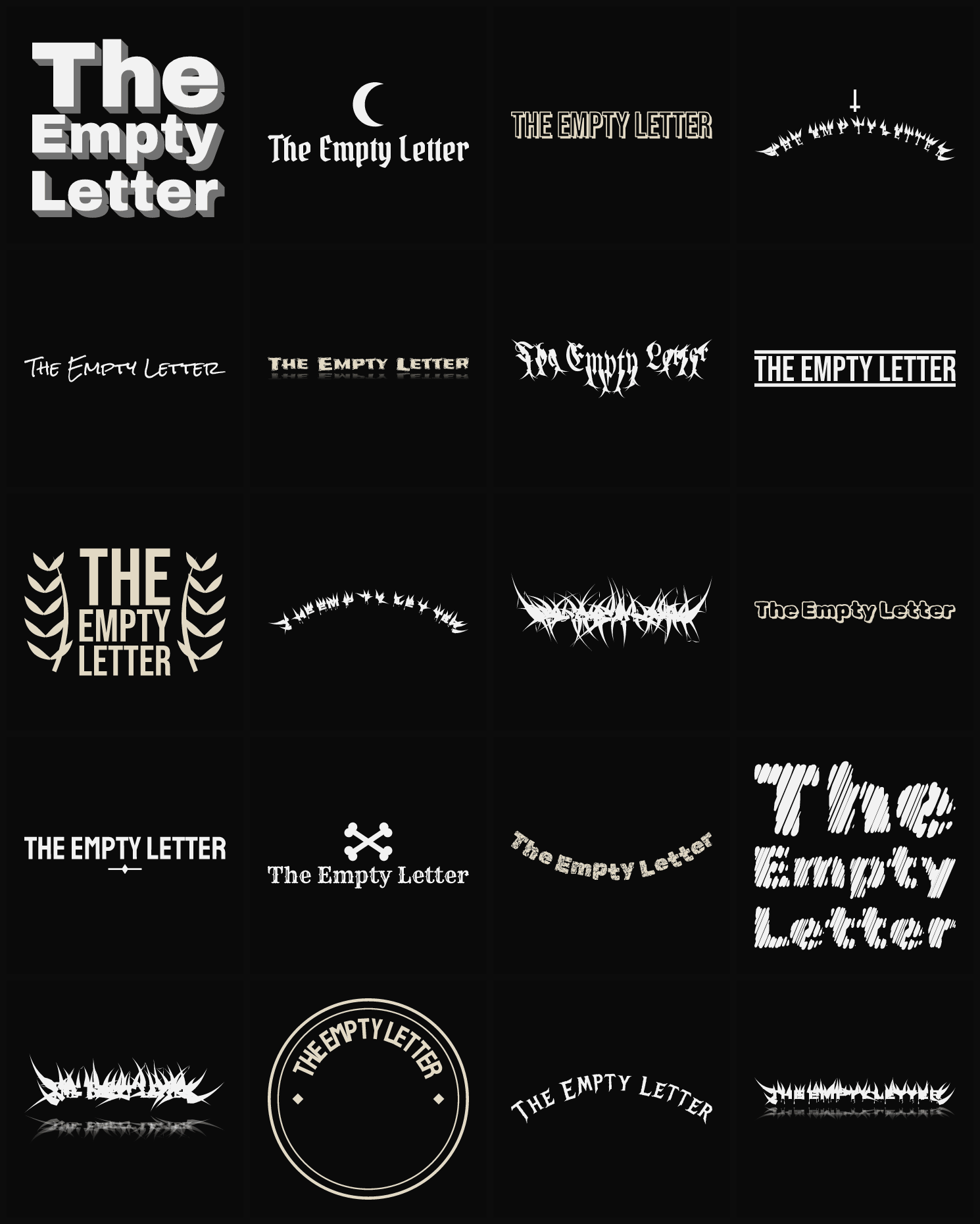 Twenty The Empty Letter band logo ideas — different faces, treatments and spike settings