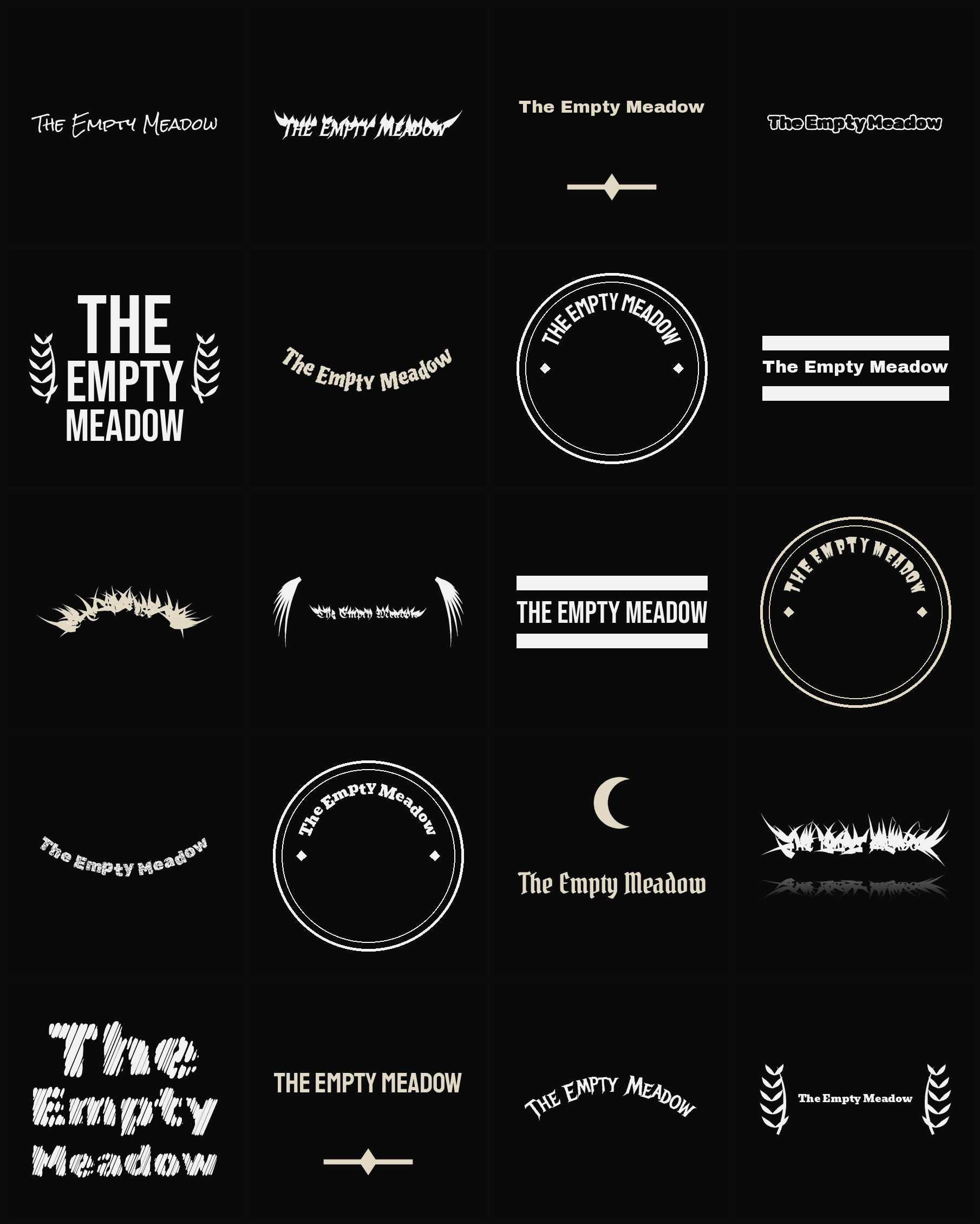 Twenty The Empty Meadow band logo ideas — different faces, treatments and spike settings