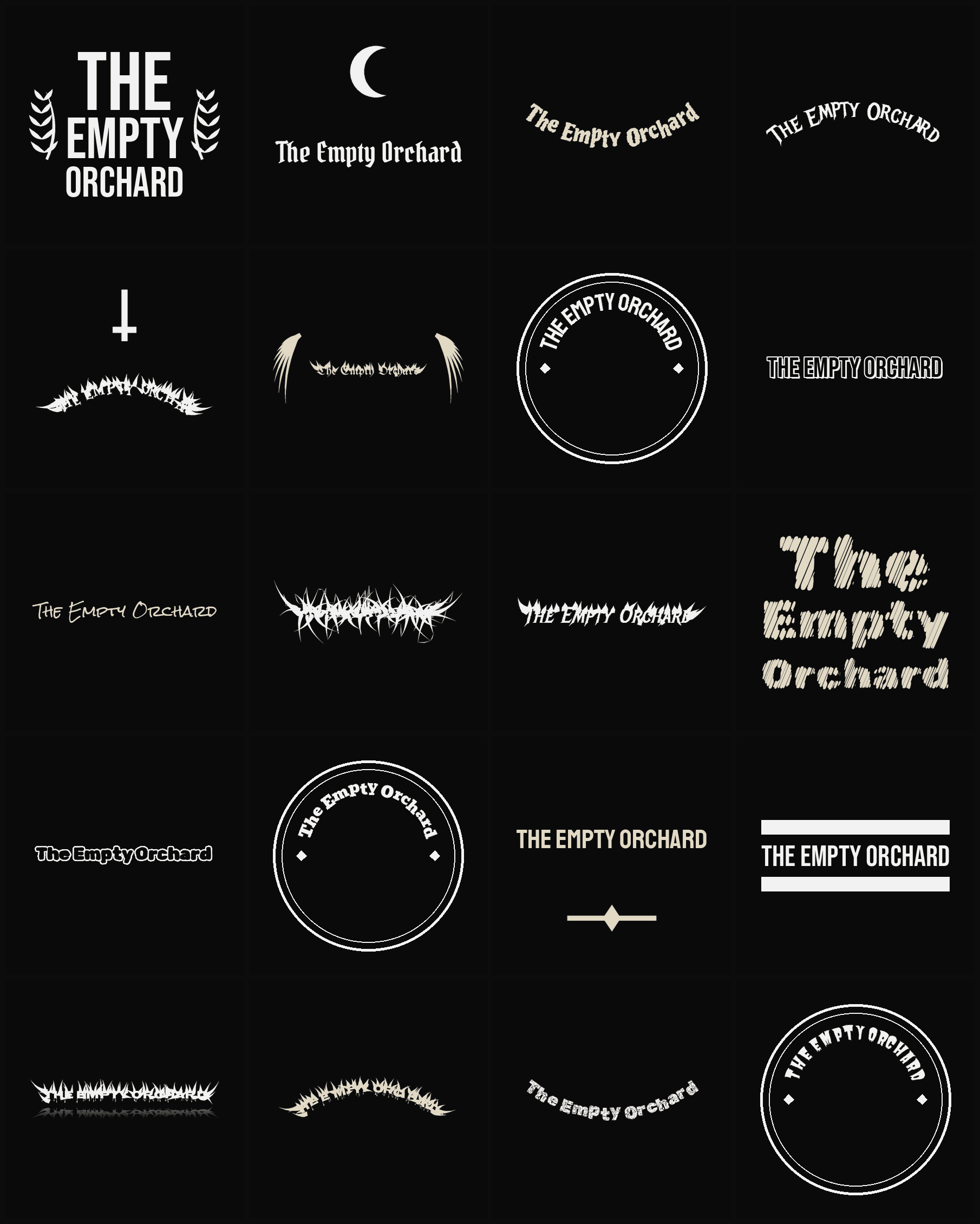 Twenty The Empty Orchard band logo ideas — different faces, treatments and spike settings