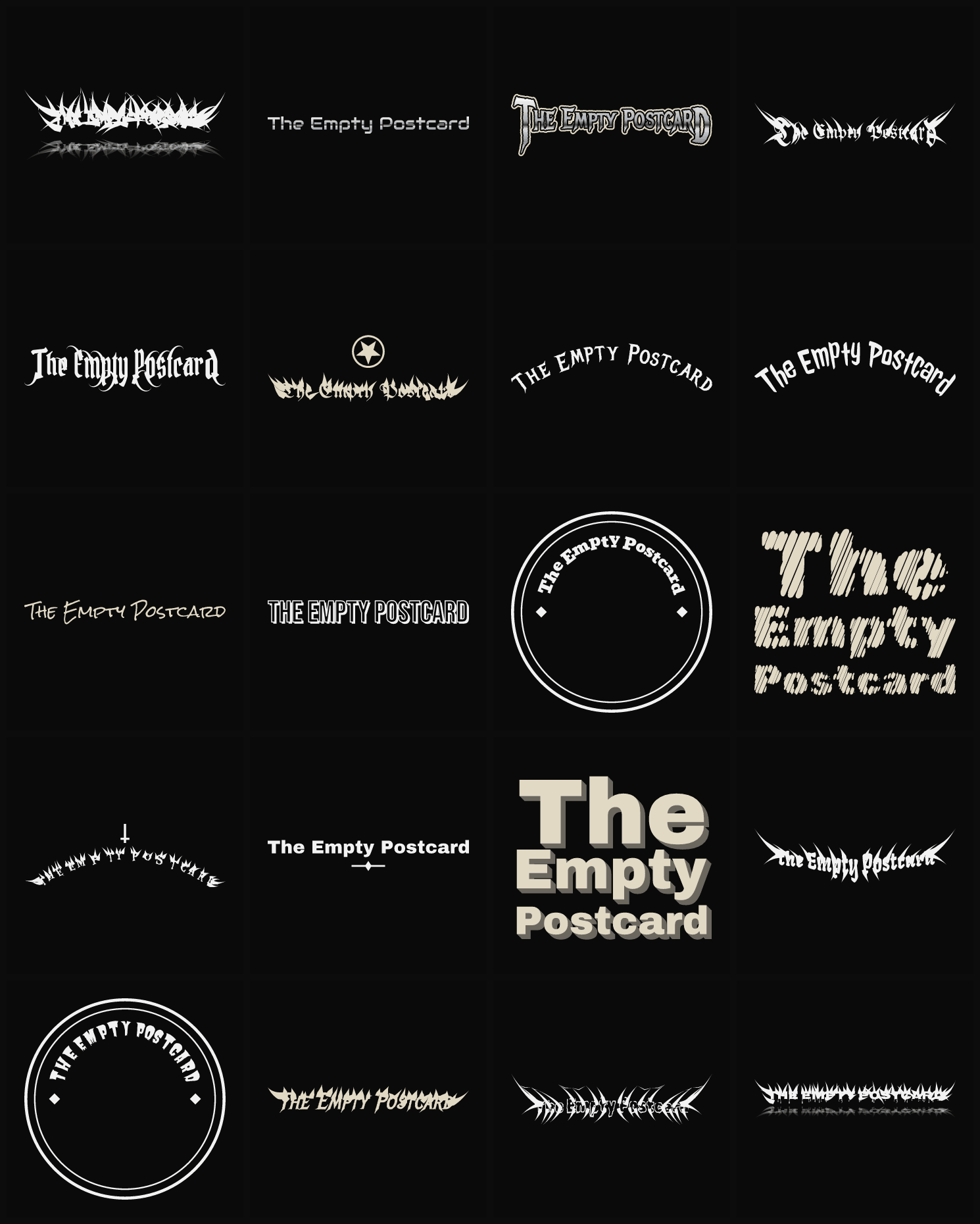 Twenty The Empty Postcard band logo ideas — different faces, treatments and spike settings