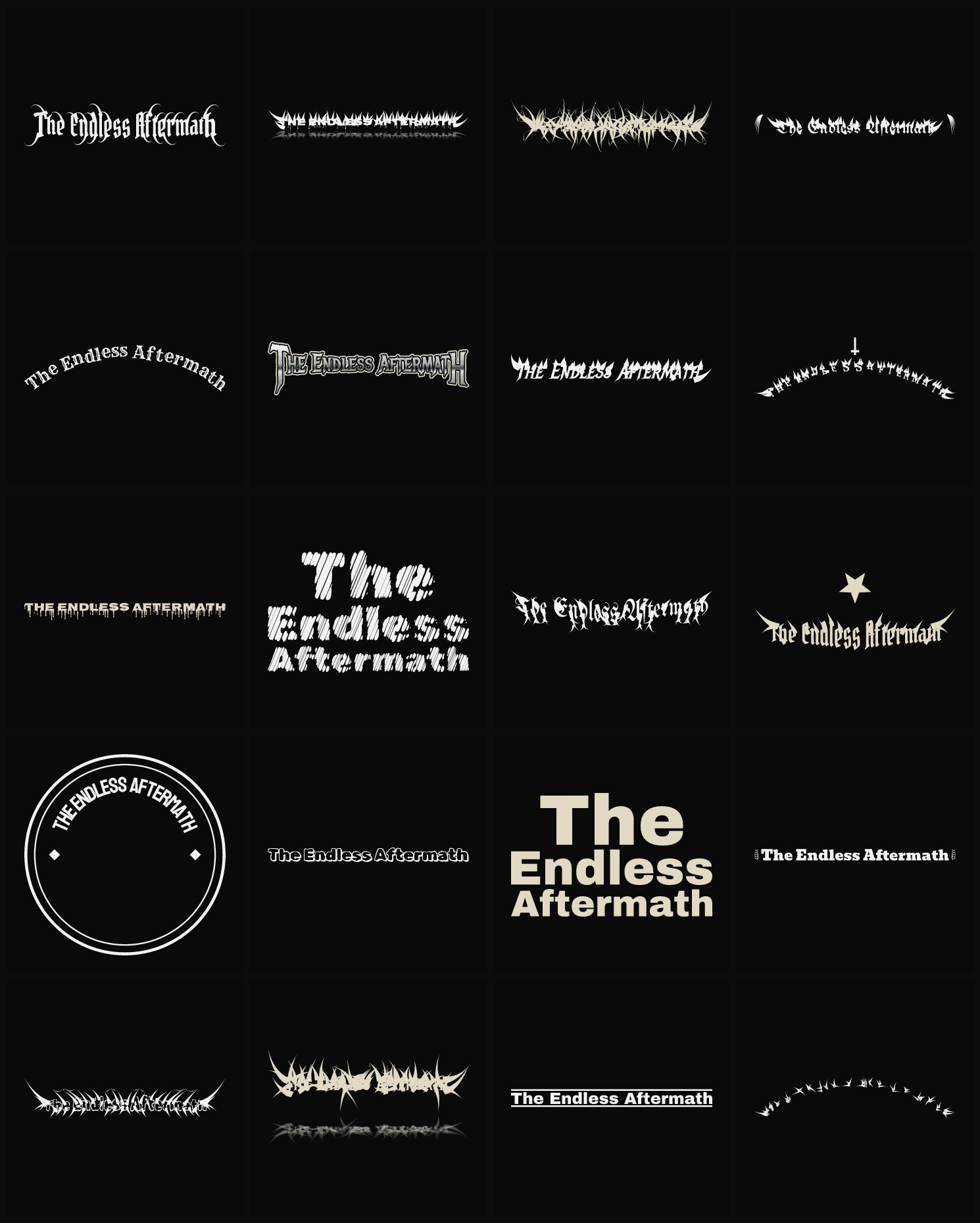 Twenty The Endless Aftermath band logo ideas — different faces, treatments and spike settings