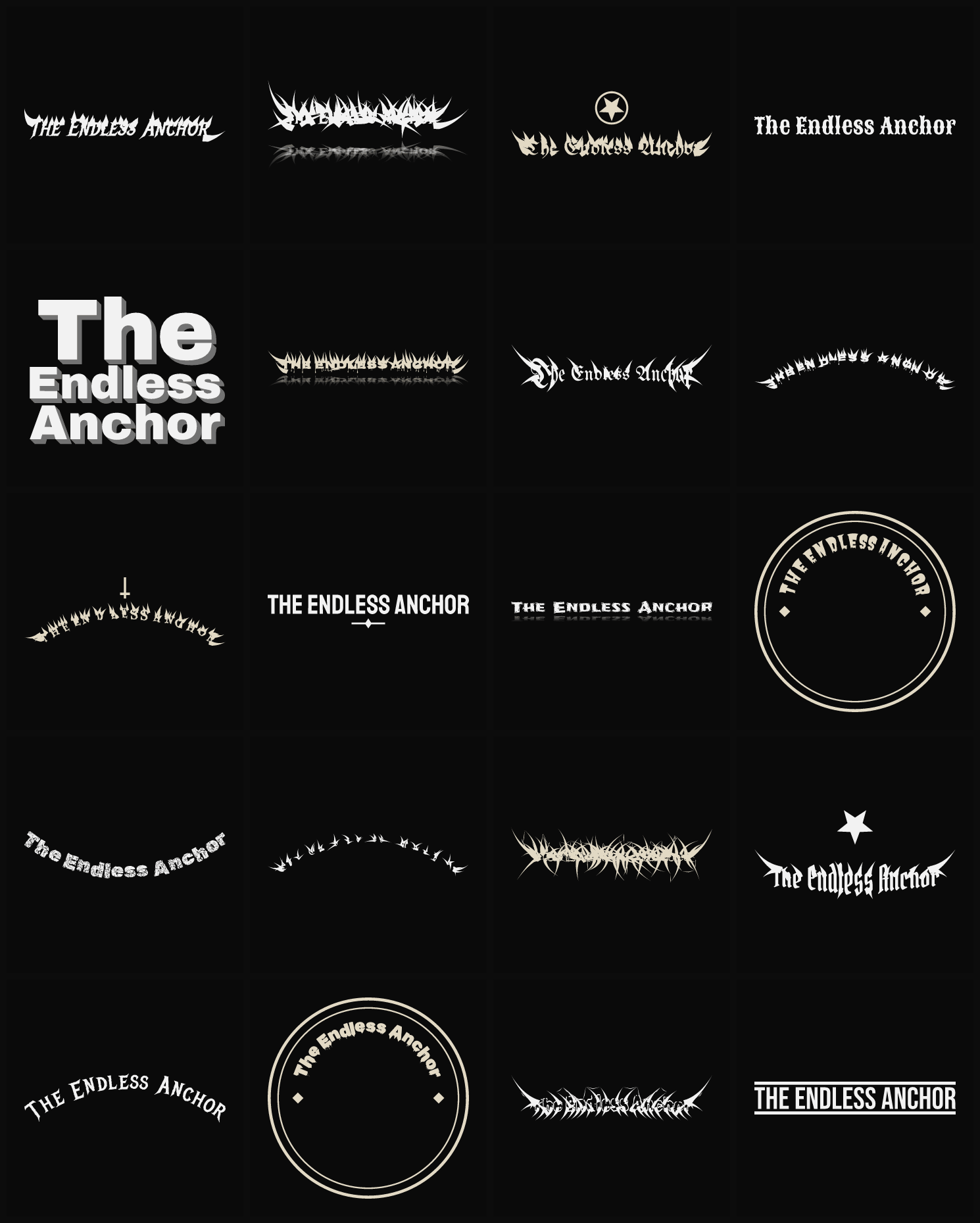 Twenty The Endless Anchor band logo ideas — different faces, treatments and spike settings