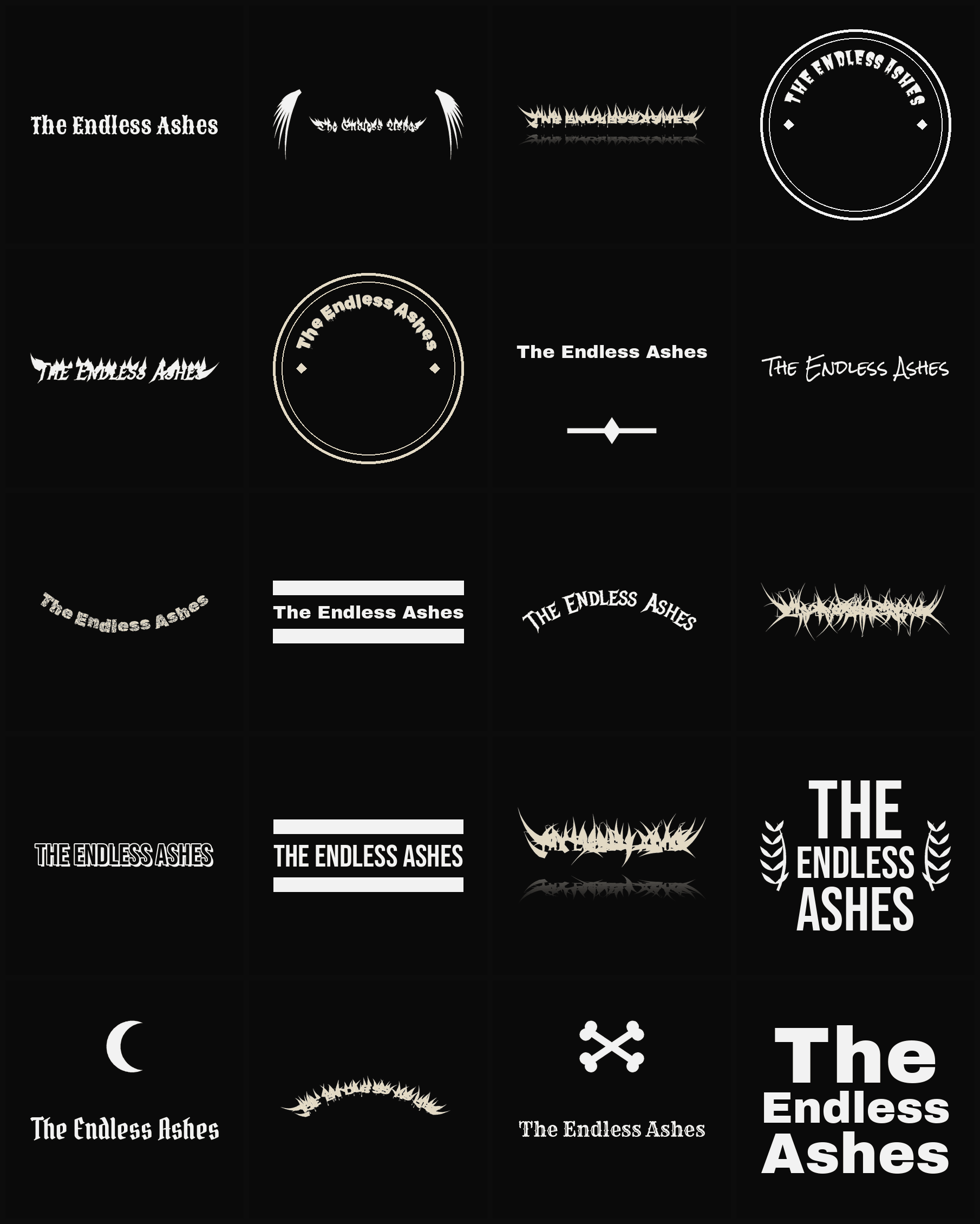 Twenty The Endless Ashes band logo ideas — different faces, treatments and spike settings
