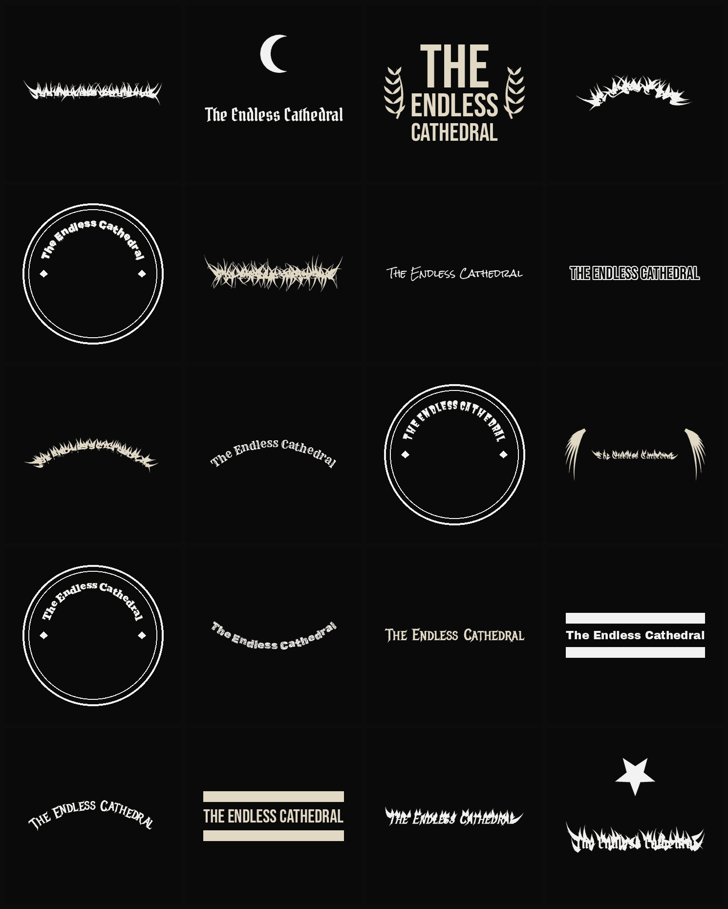 Twenty The Endless Cathedral band logo ideas — different faces, treatments and spike settings