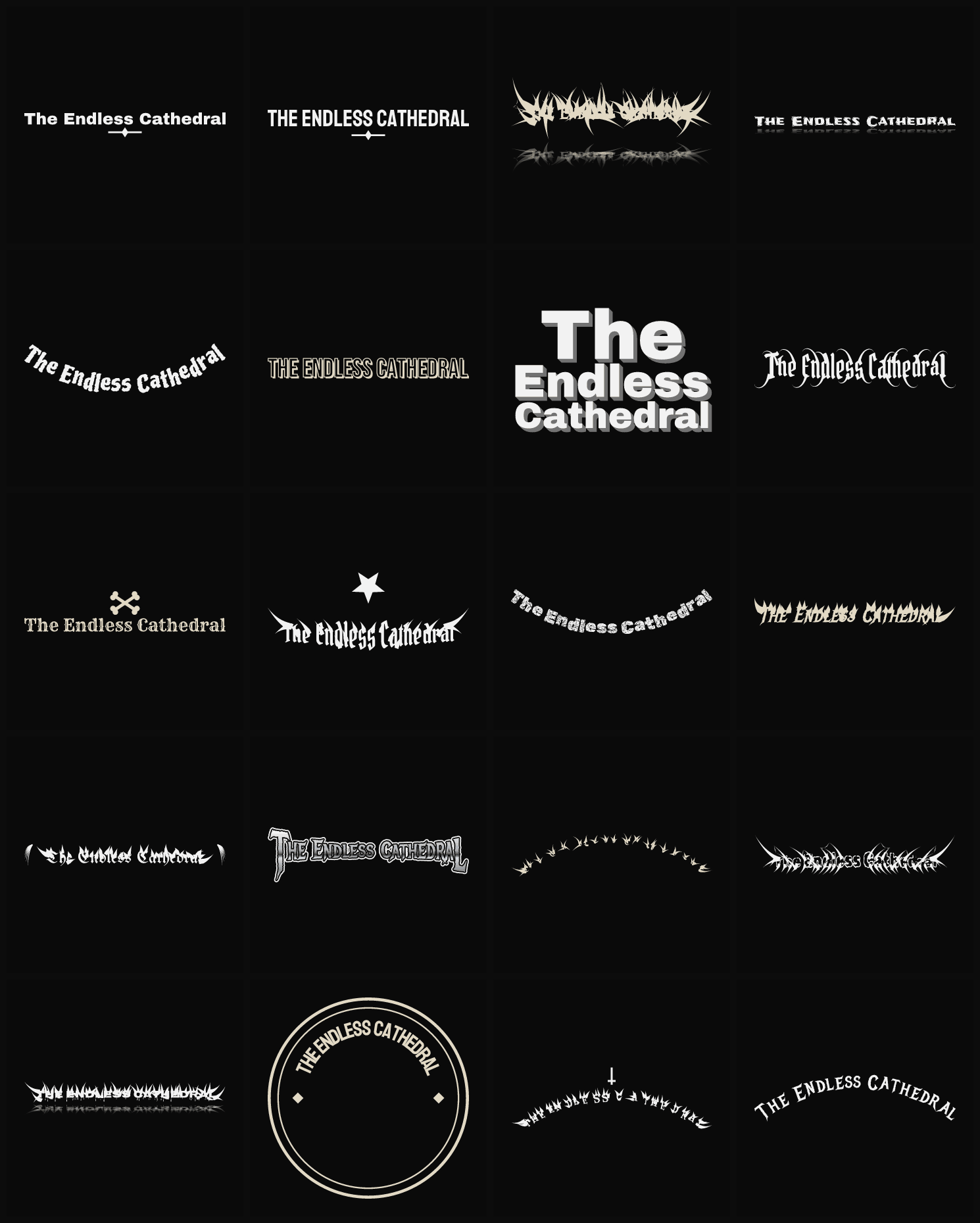 Twenty The Endless Cathedral band logo ideas — different faces, treatments and spike settings