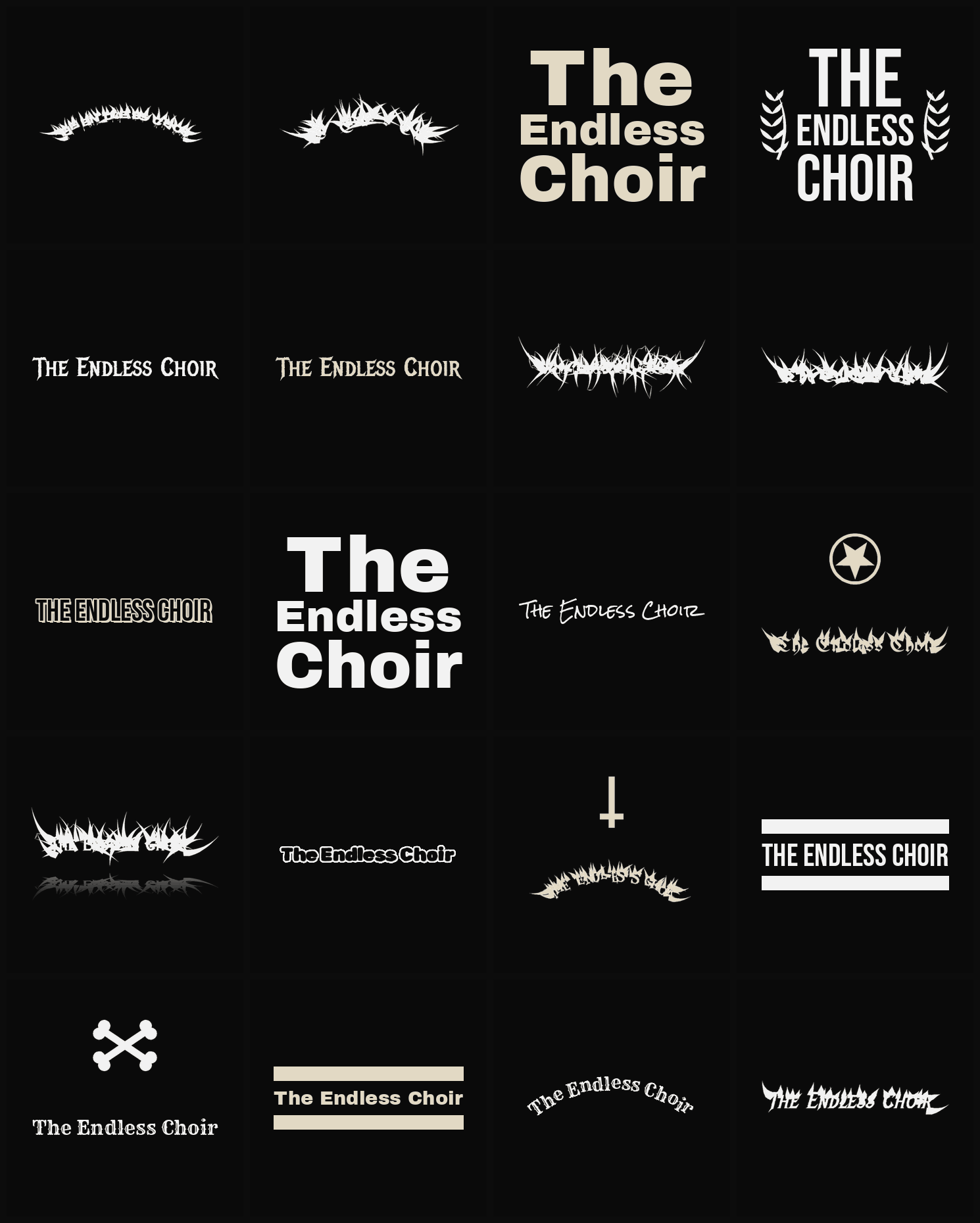 Twenty The Endless Choir band logo ideas — different faces, treatments and spike settings