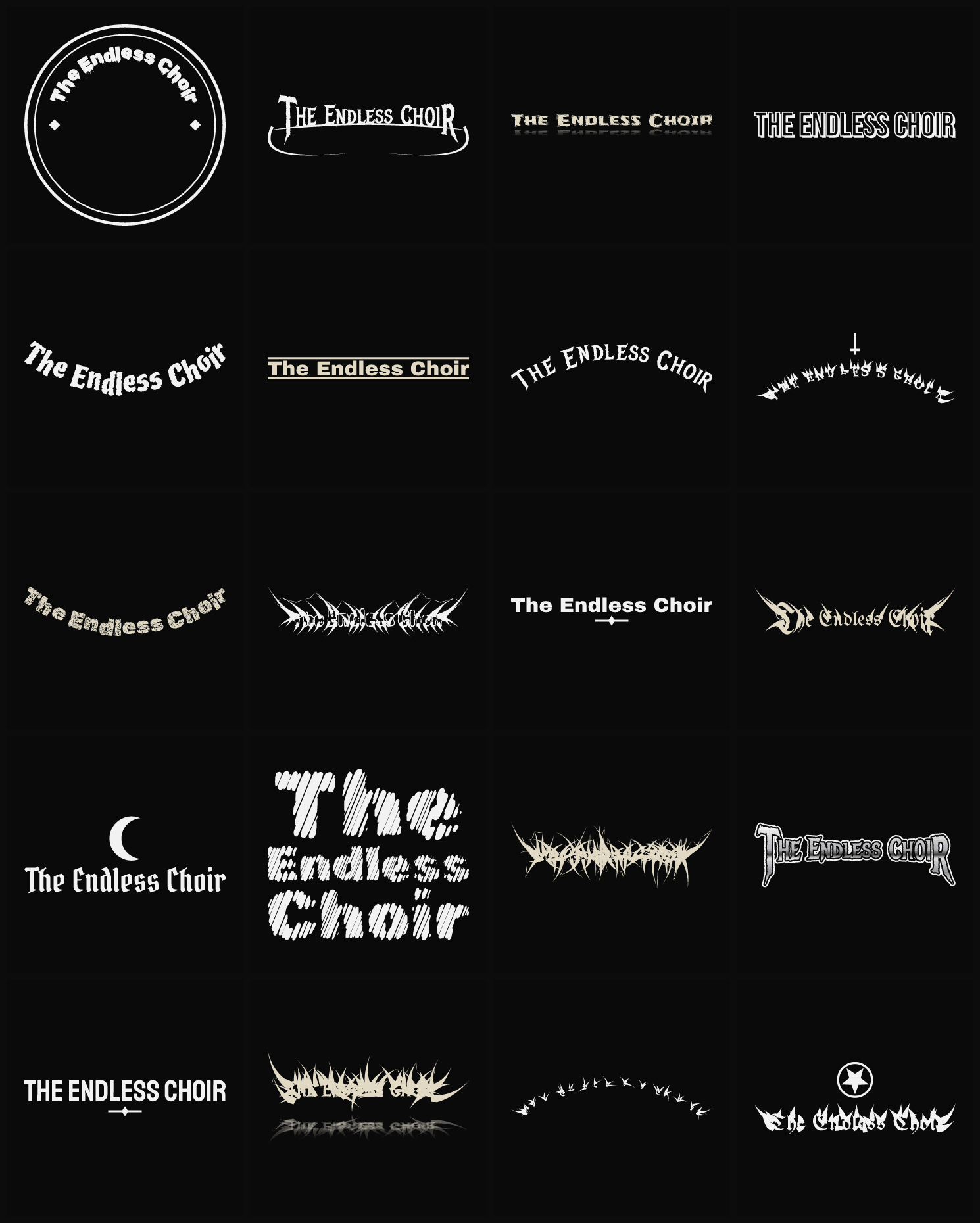 Twenty The Endless Choir band logo ideas — different faces, treatments and spike settings