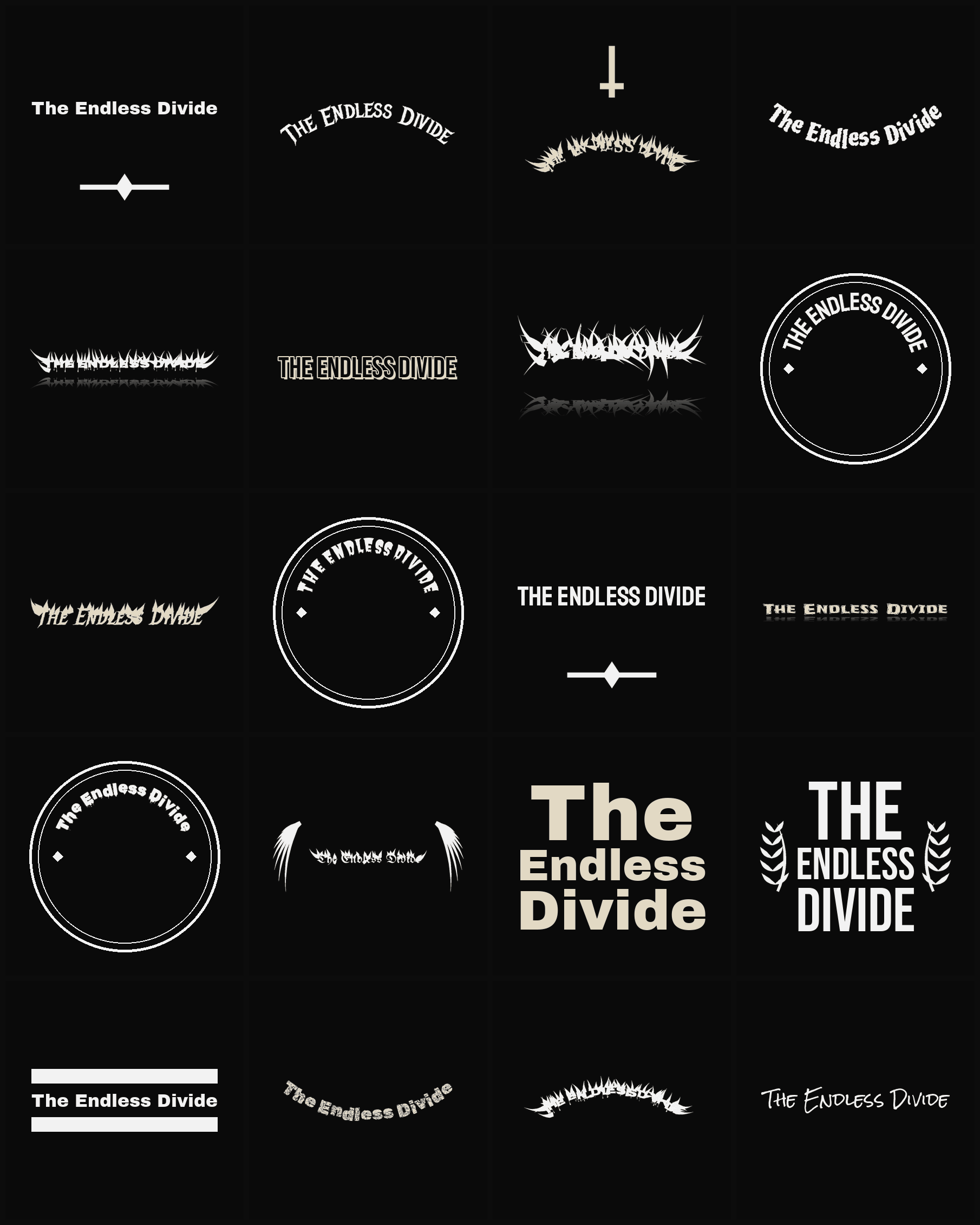 Twenty The Endless Divide band logo ideas — different faces, treatments and spike settings