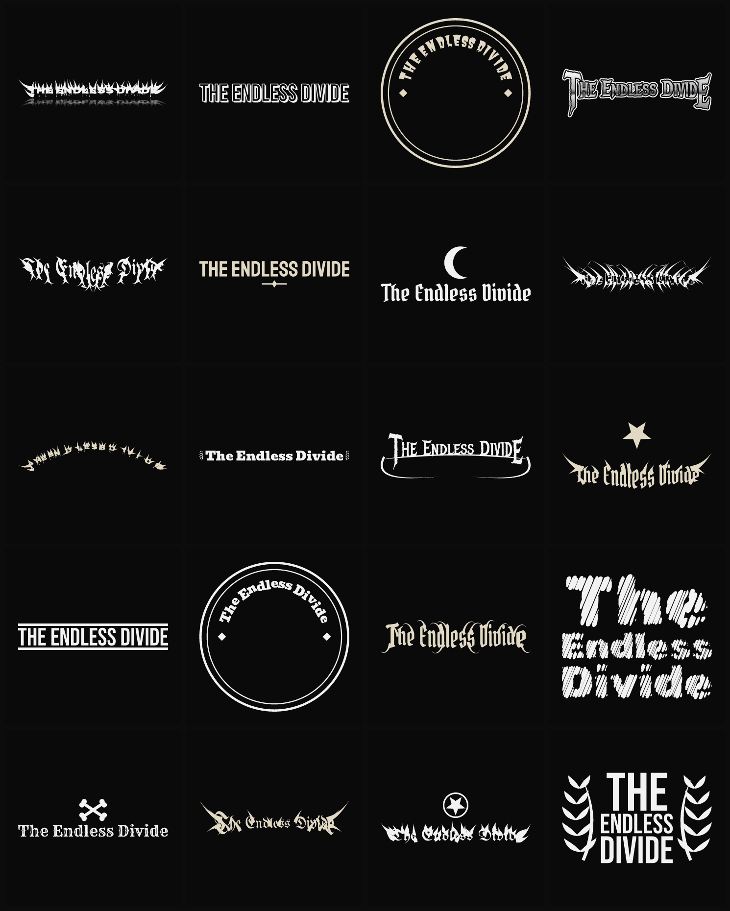 Twenty The Endless Divide band logo ideas — different faces, treatments and spike settings