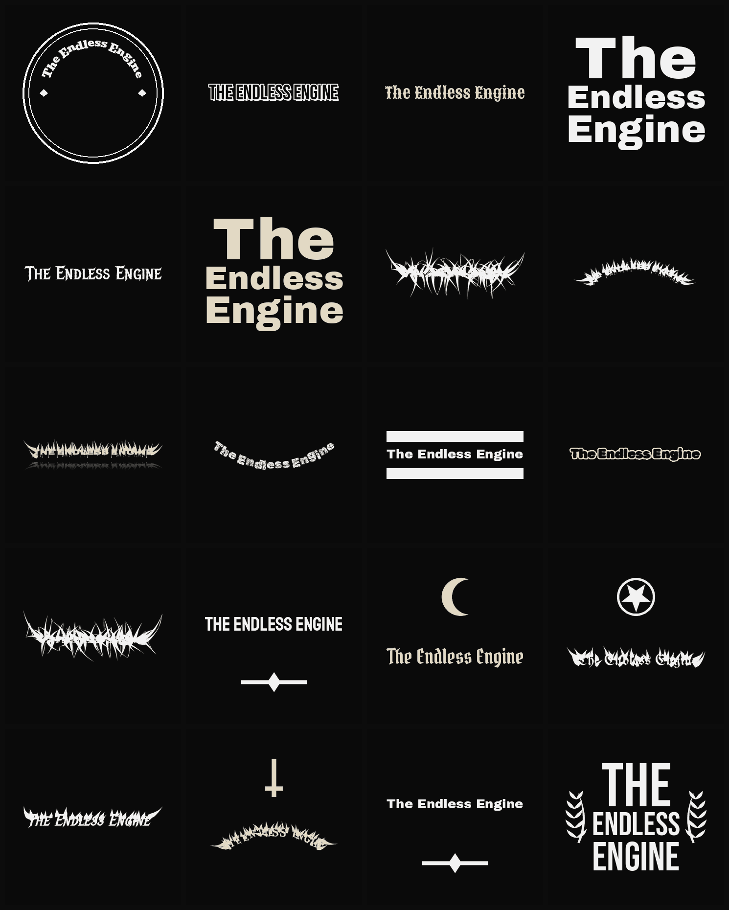 Twenty The Endless Engine band logo ideas — different faces, treatments and spike settings