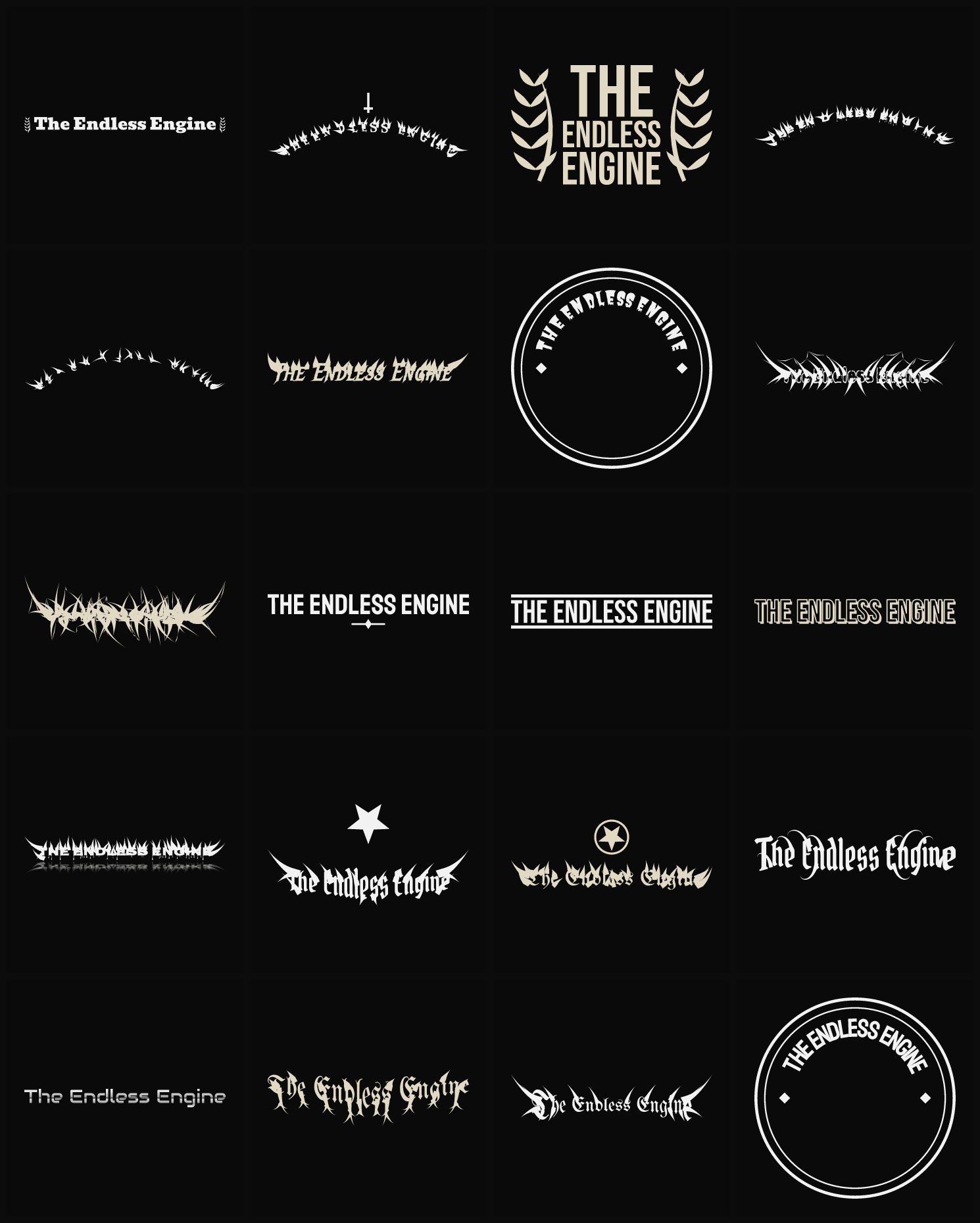 Twenty The Endless Engine band logo ideas — different faces, treatments and spike settings