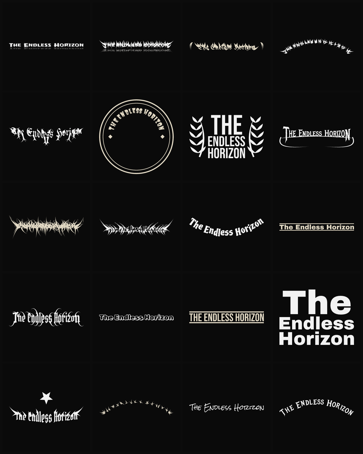Twenty The Endless Horizon band logo ideas — different faces, treatments and spike settings