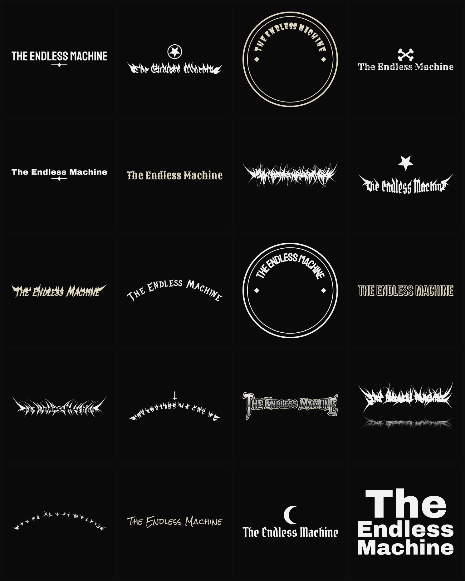 Twenty The Endless Machine band logo ideas — different faces, treatments and spike settings