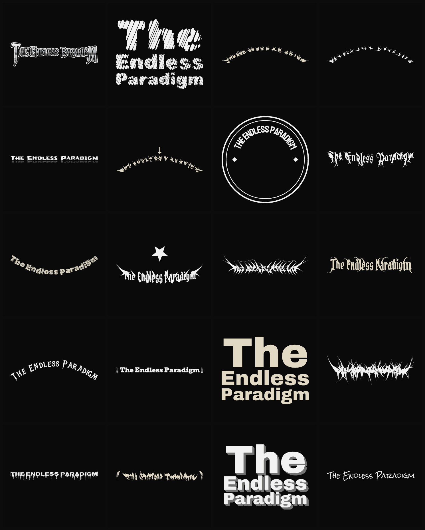 Twenty The Endless Paradigm band logo ideas — different faces, treatments and spike settings