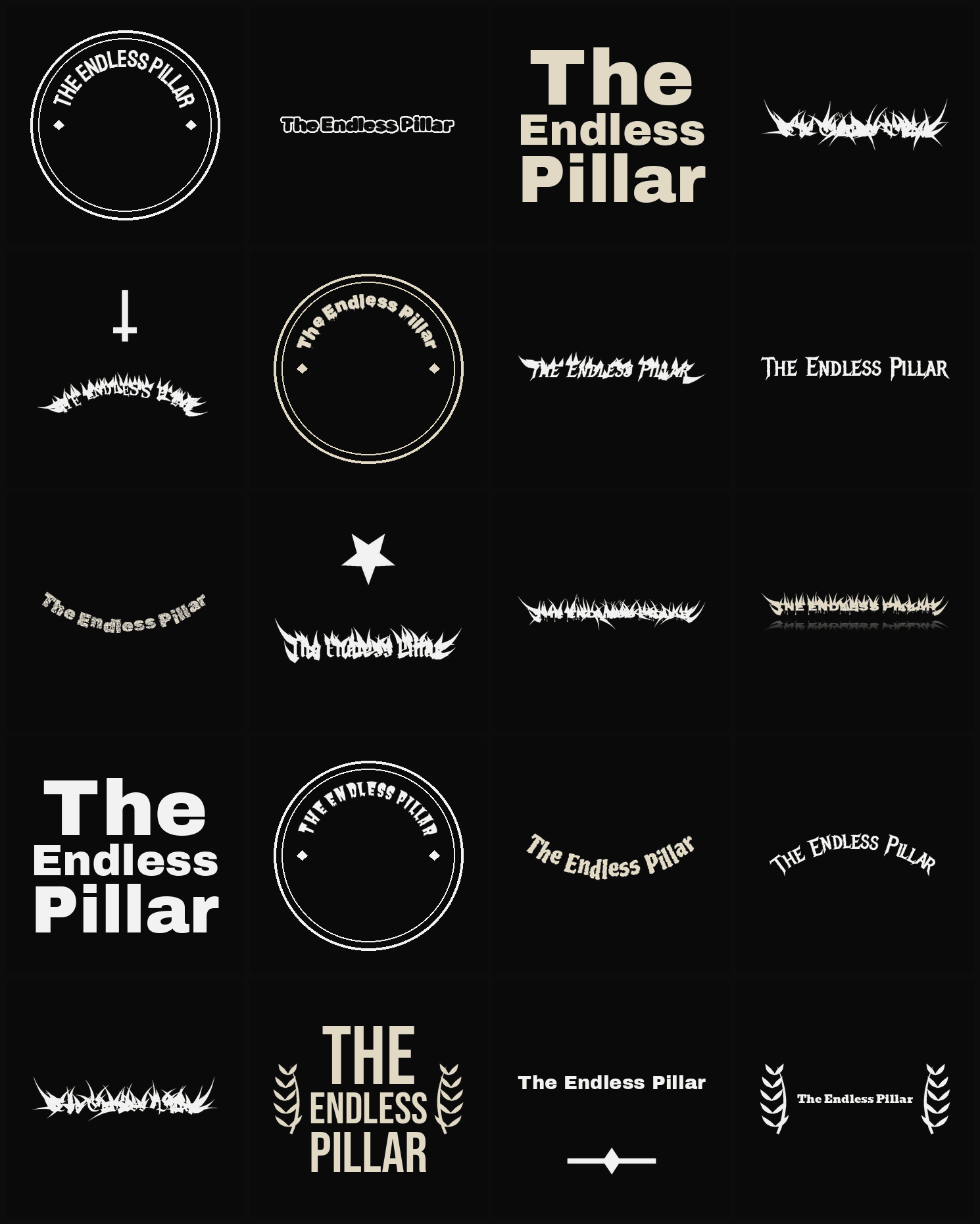 Twenty The Endless Pillar band logo ideas — different faces, treatments and spike settings