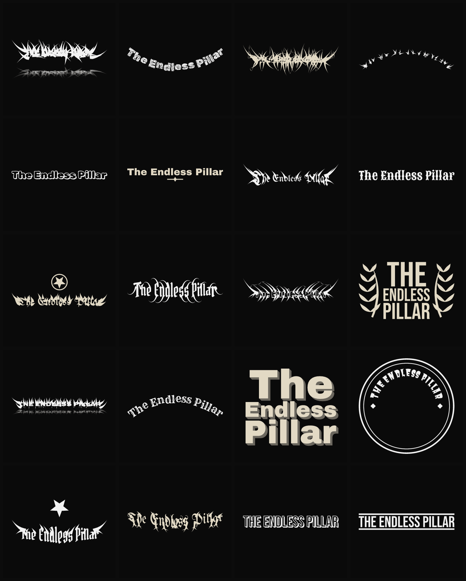 Twenty The Endless Pillar band logo ideas — different faces, treatments and spike settings