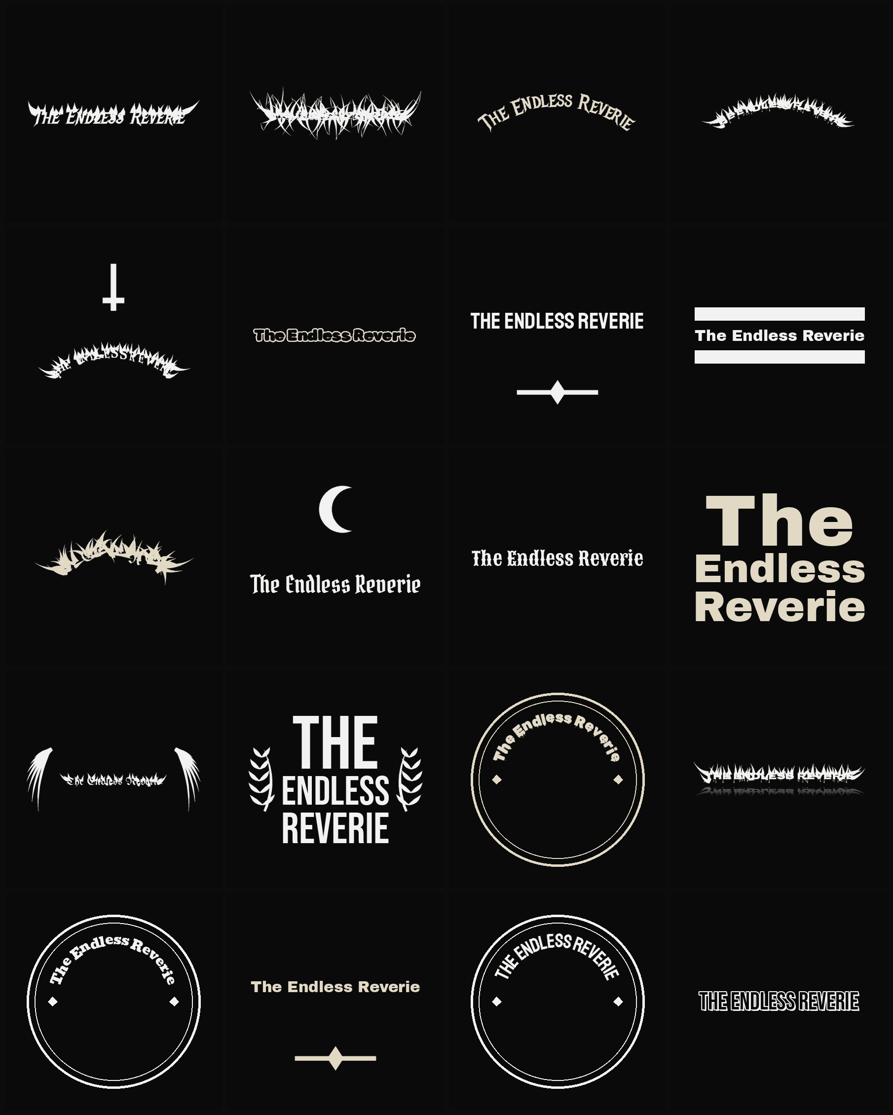 Twenty The Endless Reverie band logo ideas — different faces, treatments and spike settings