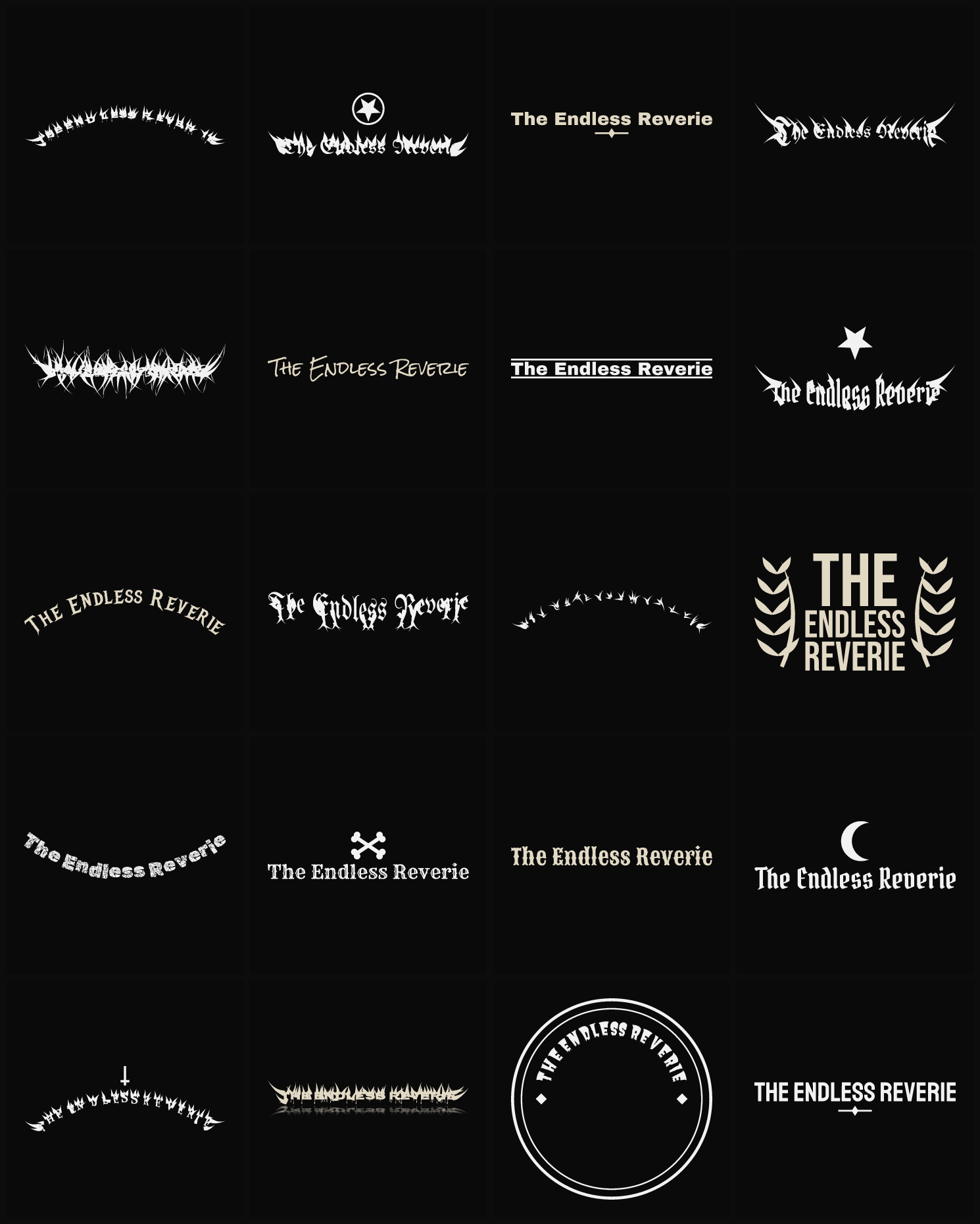 Twenty The Endless Reverie band logo ideas — different faces, treatments and spike settings