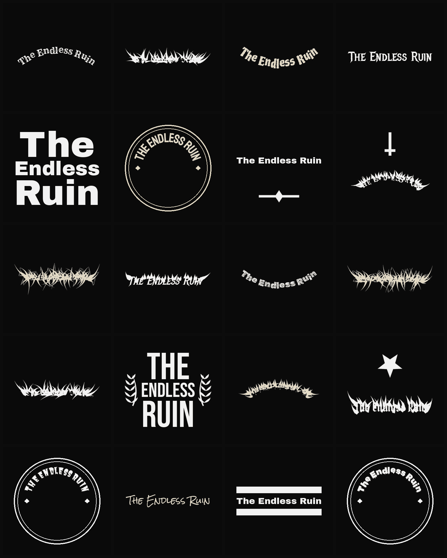 Twenty The Endless Ruin band logo ideas — different faces, treatments and spike settings