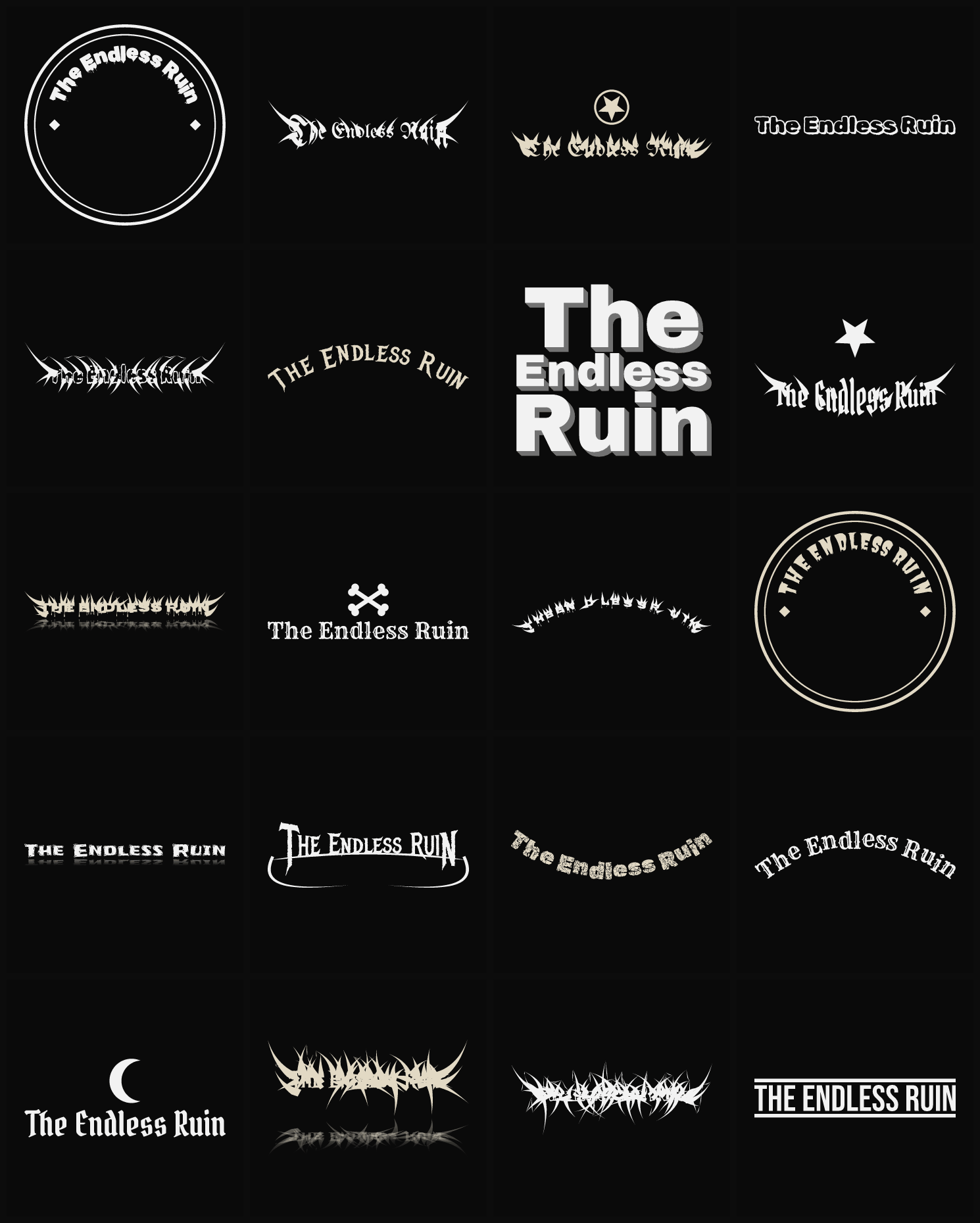 Twenty The Endless Ruin band logo ideas — different faces, treatments and spike settings