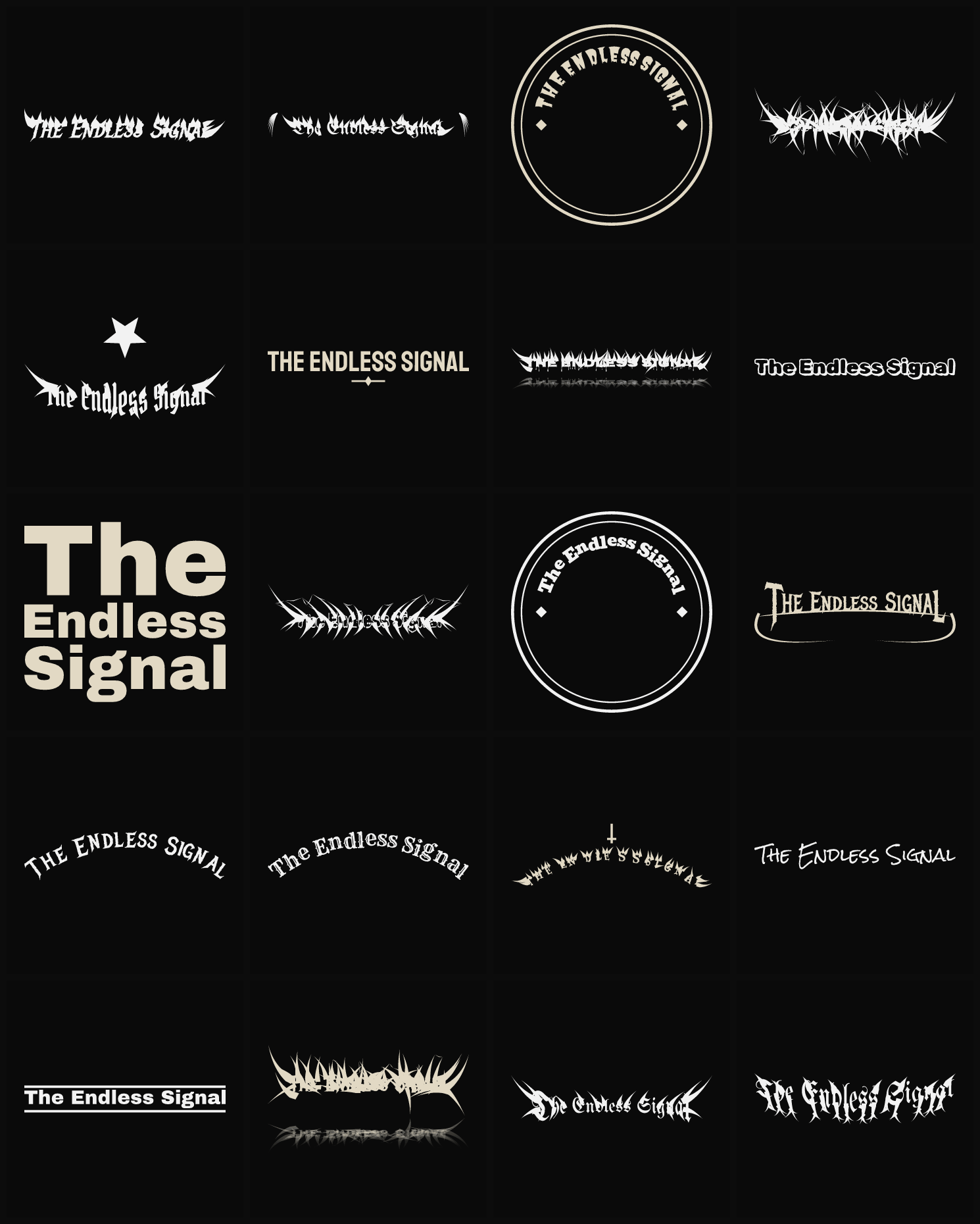Twenty The Endless Signal band logo ideas — different faces, treatments and spike settings