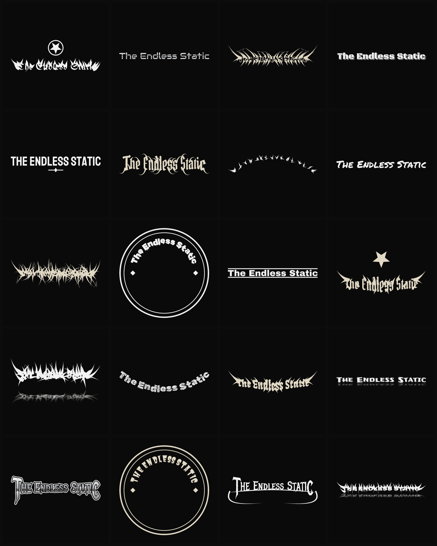 Twenty The Endless Static band logo ideas — different faces, treatments and spike settings