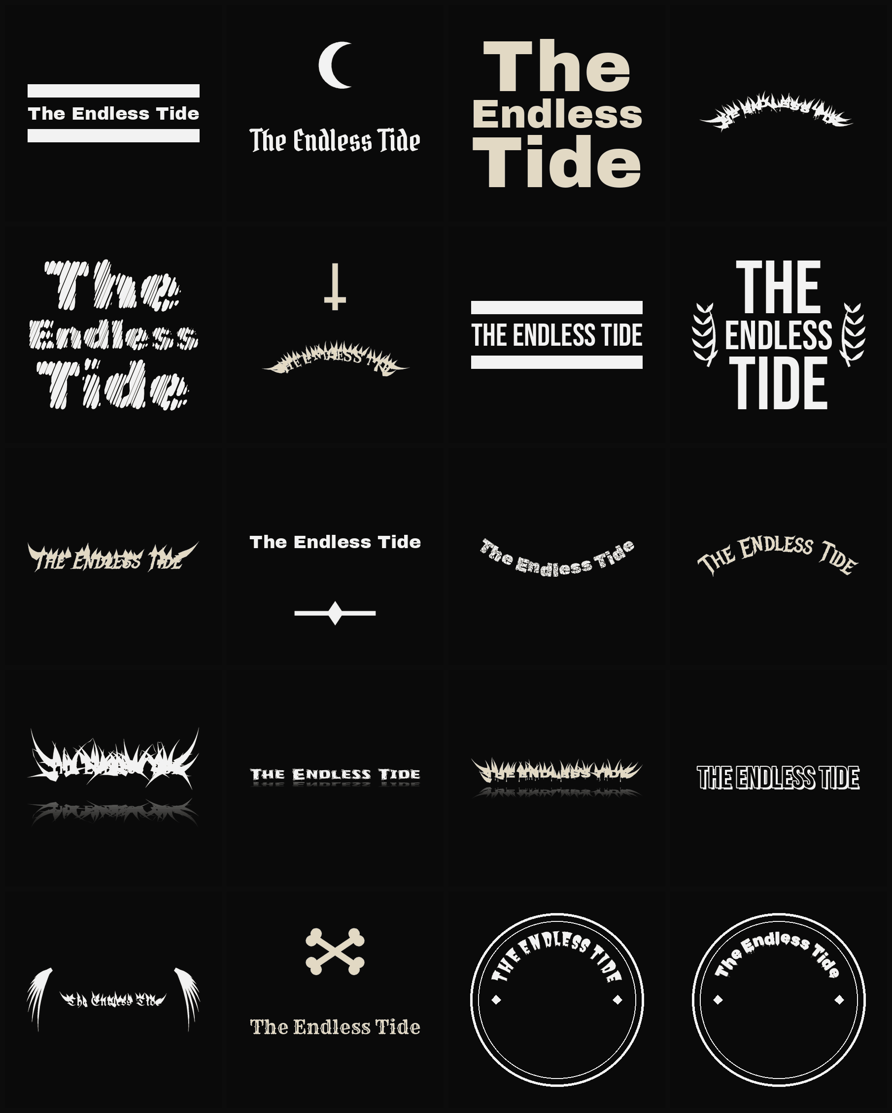 Twenty The Endless Tide band logo ideas — different faces, treatments and spike settings