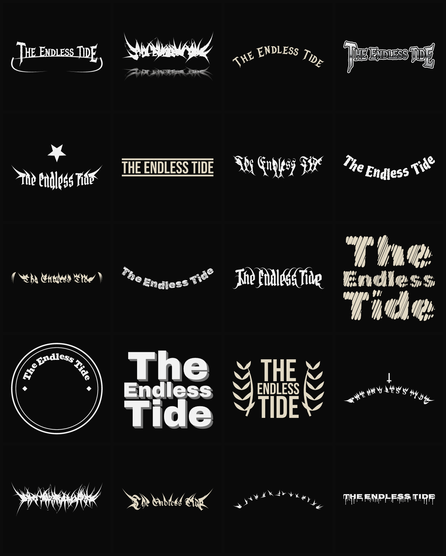 Twenty The Endless Tide band logo ideas — different faces, treatments and spike settings