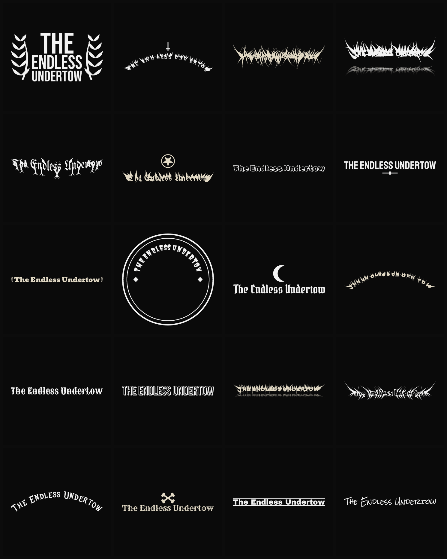 Twenty The Endless Undertow band logo ideas — different faces, treatments and spike settings
