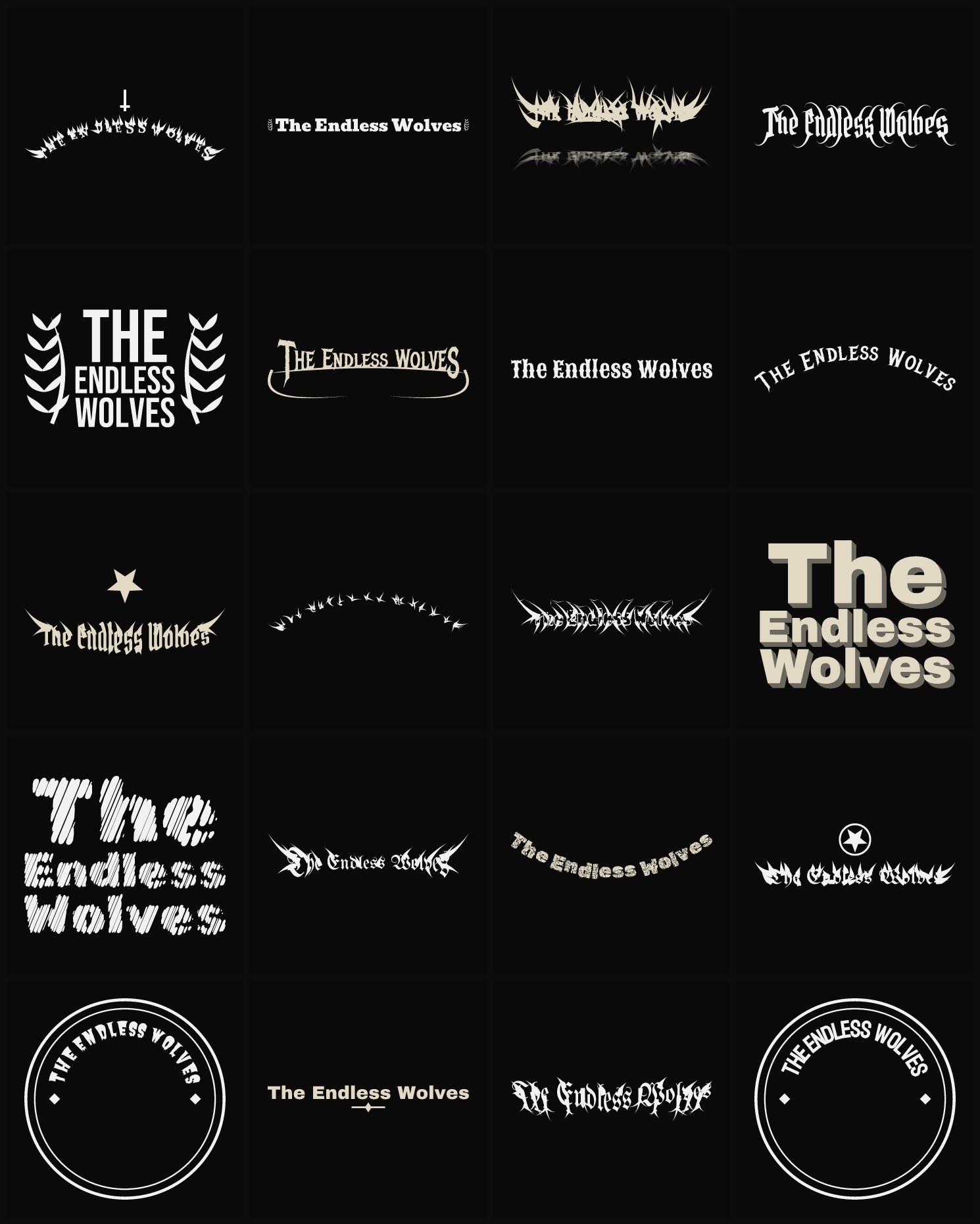 Twenty The Endless Wolves band logo ideas — different faces, treatments and spike settings