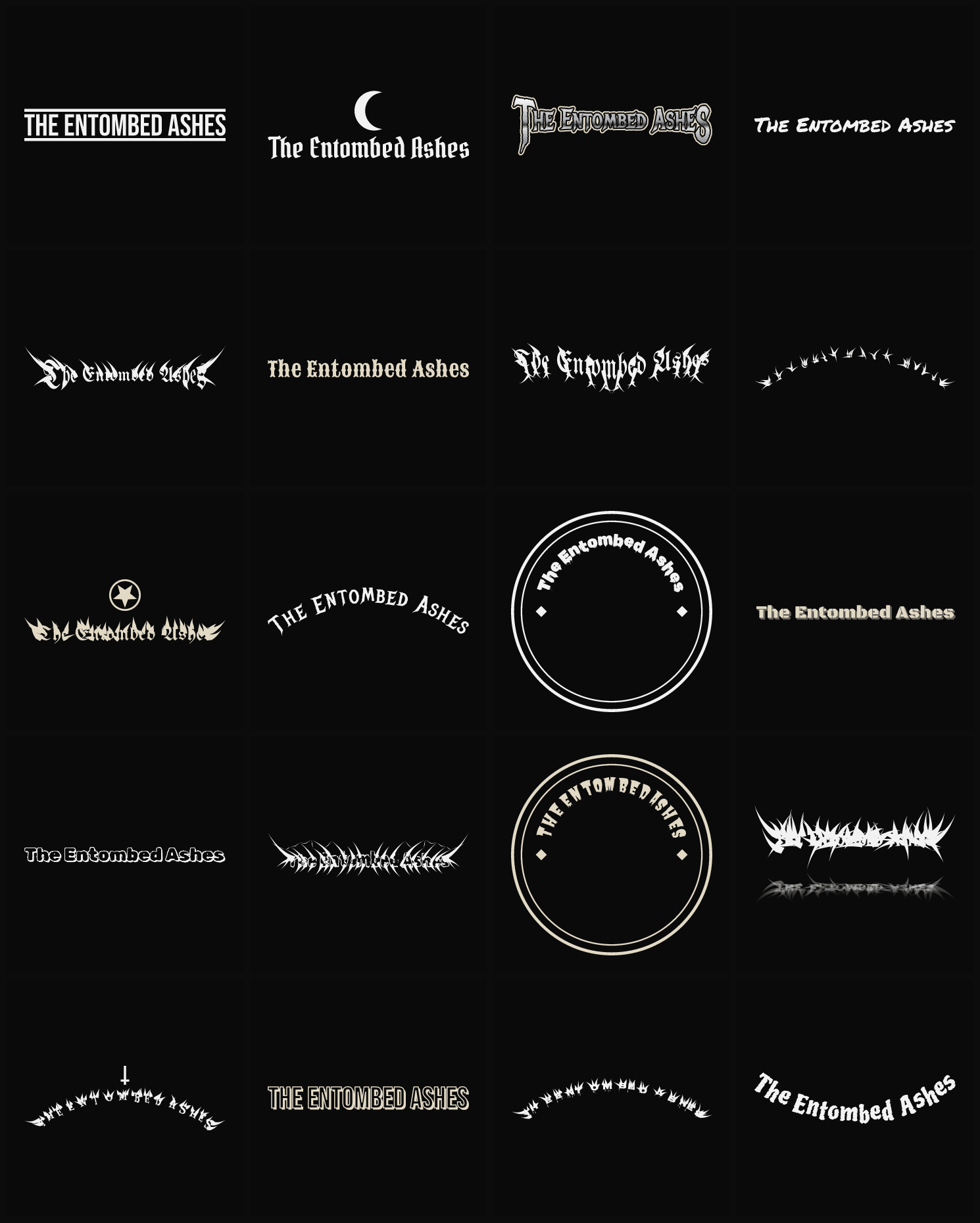 Twenty The Entombed Ashes band logo ideas — different faces, treatments and spike settings