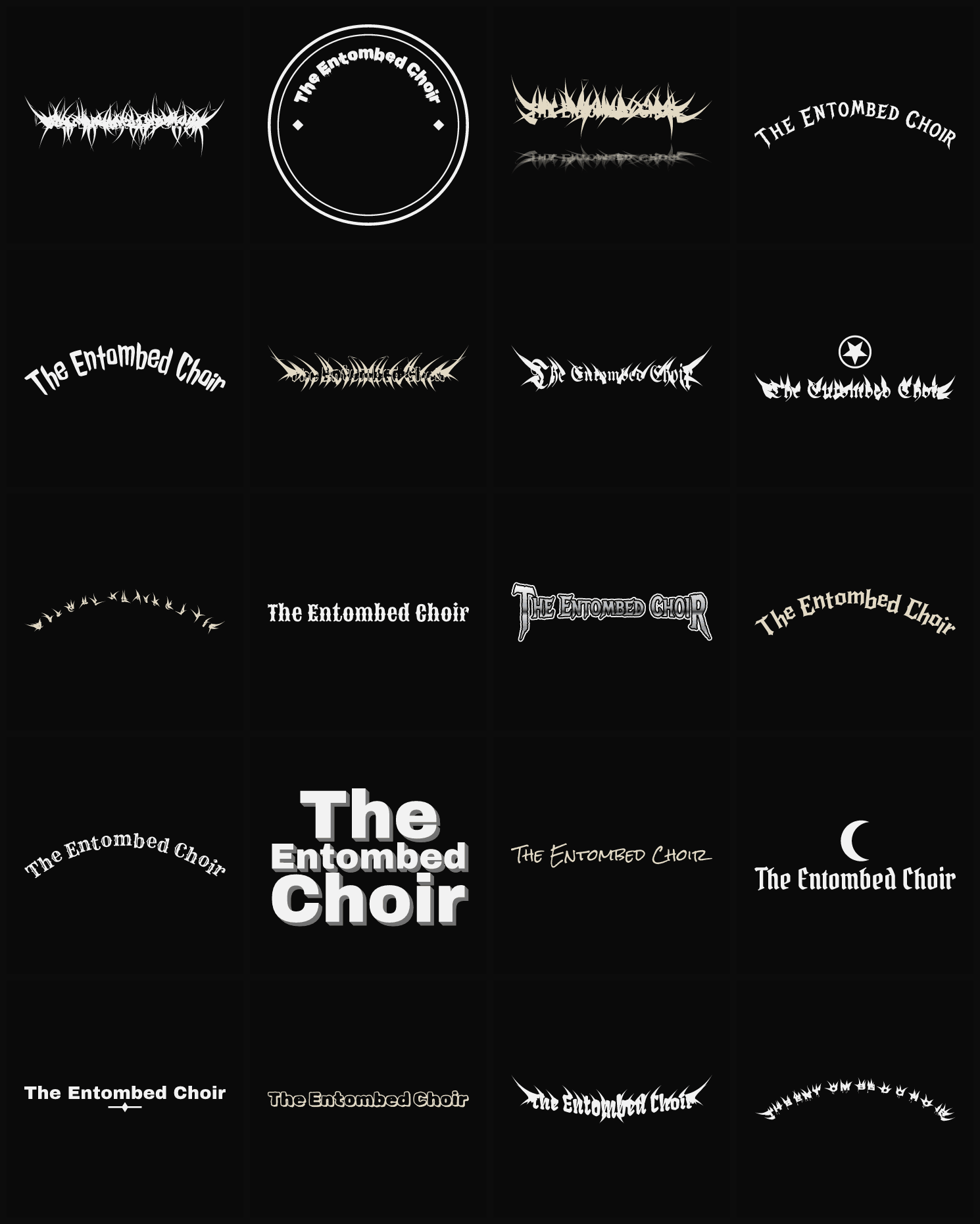 Twenty The Entombed Choir band logo ideas — different faces, treatments and spike settings