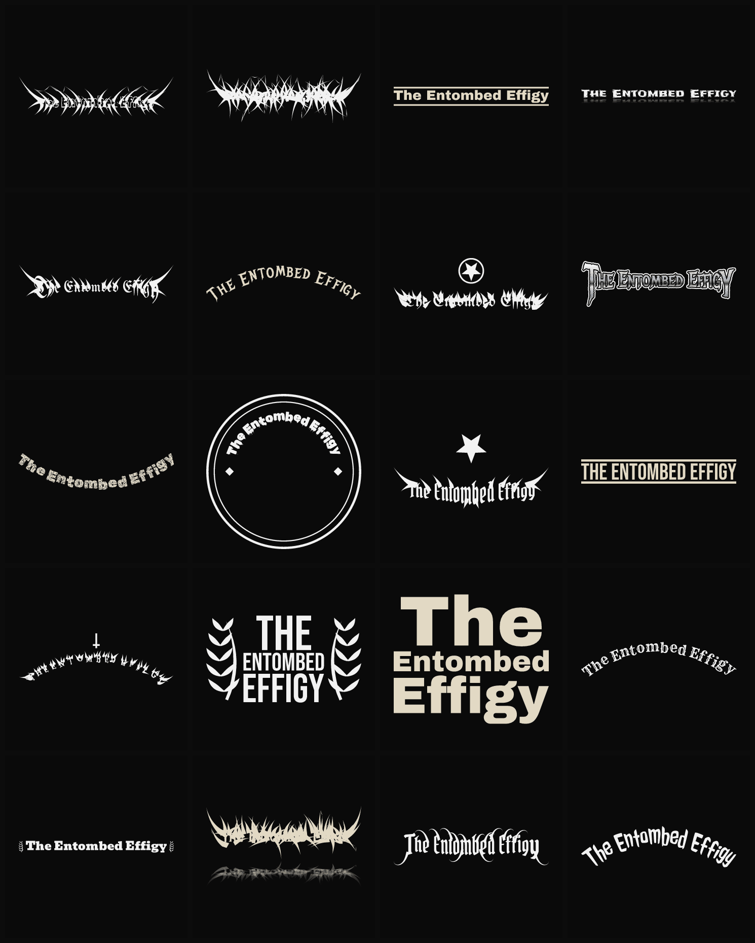 Twenty The Entombed Effigy band logo ideas — different faces, treatments and spike settings