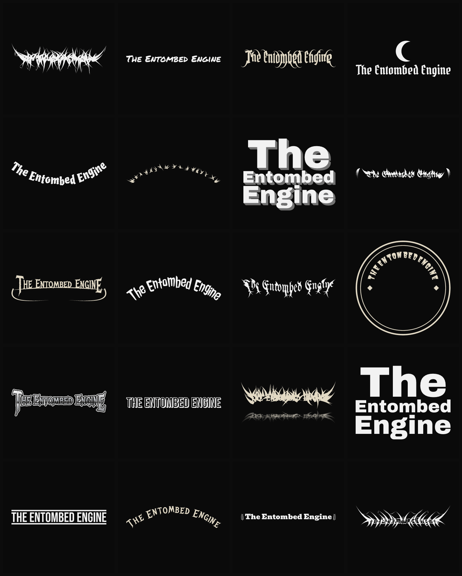 Twenty The Entombed Engine band logo ideas — different faces, treatments and spike settings