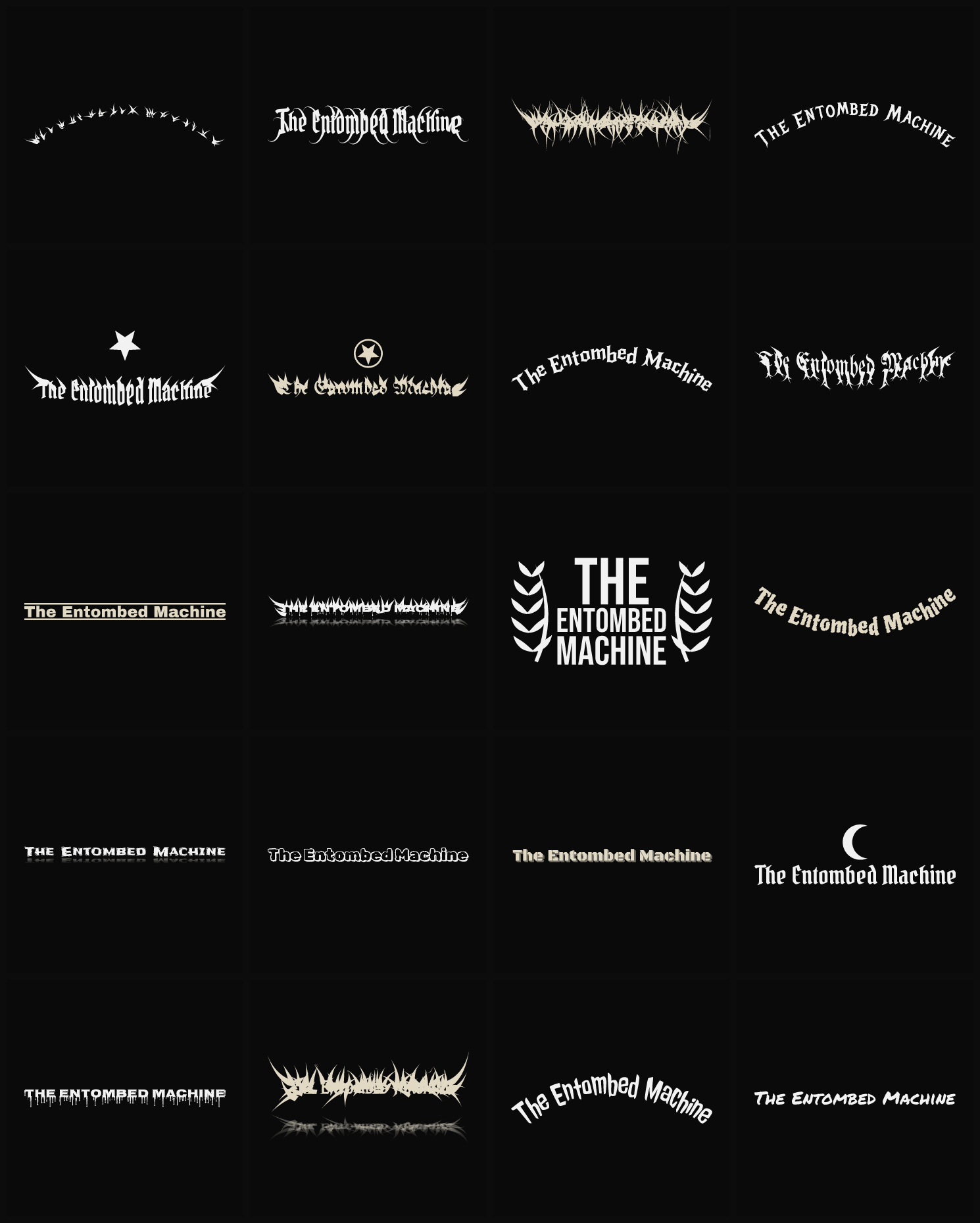 Twenty The Entombed Machine band logo ideas — different faces, treatments and spike settings