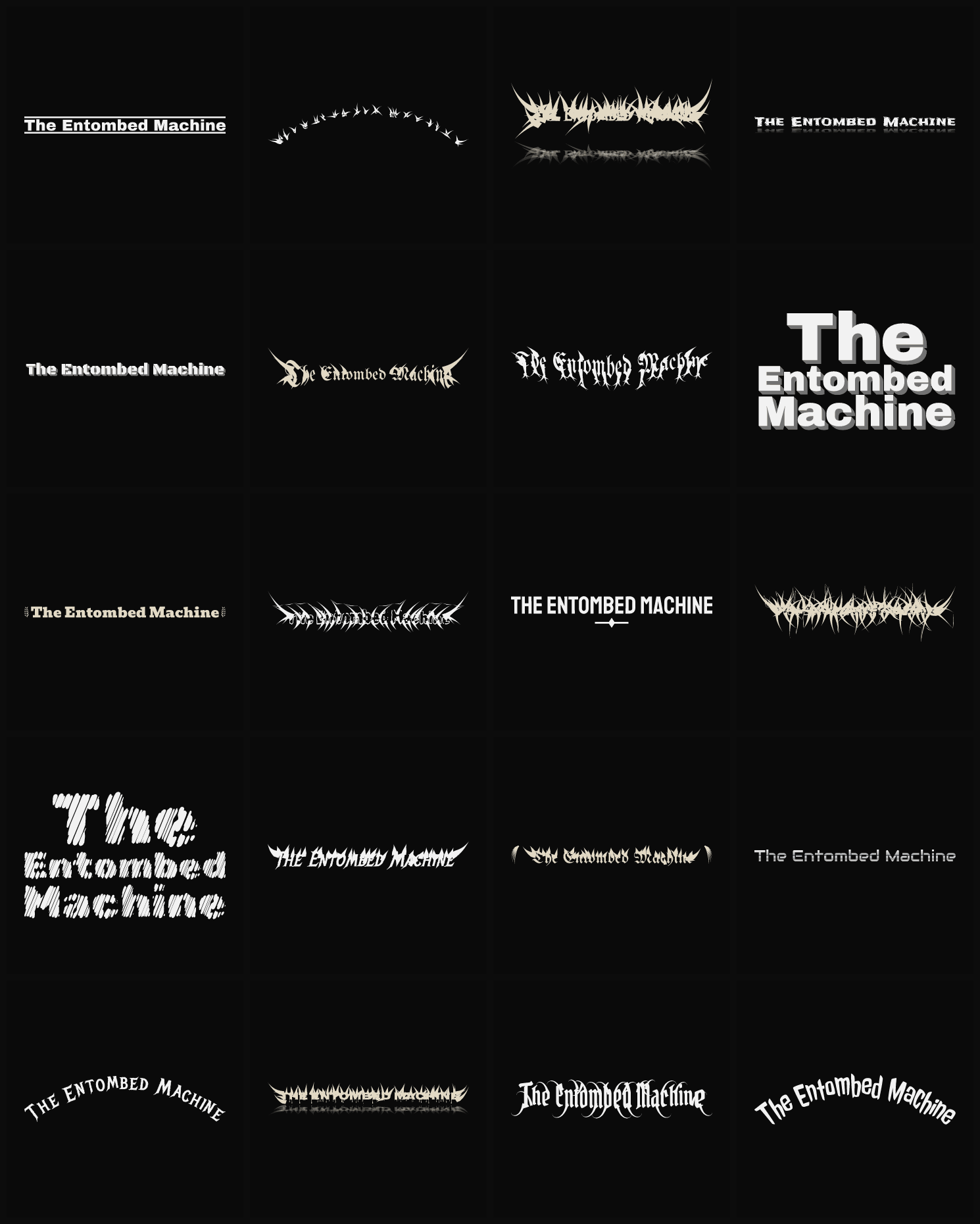 Twenty The Entombed Machine band logo ideas — different faces, treatments and spike settings